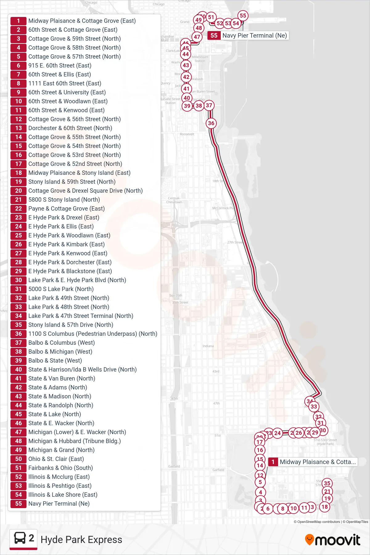 2 bus Line (Navy Pier Terminal (Ne)) route and stops on a map