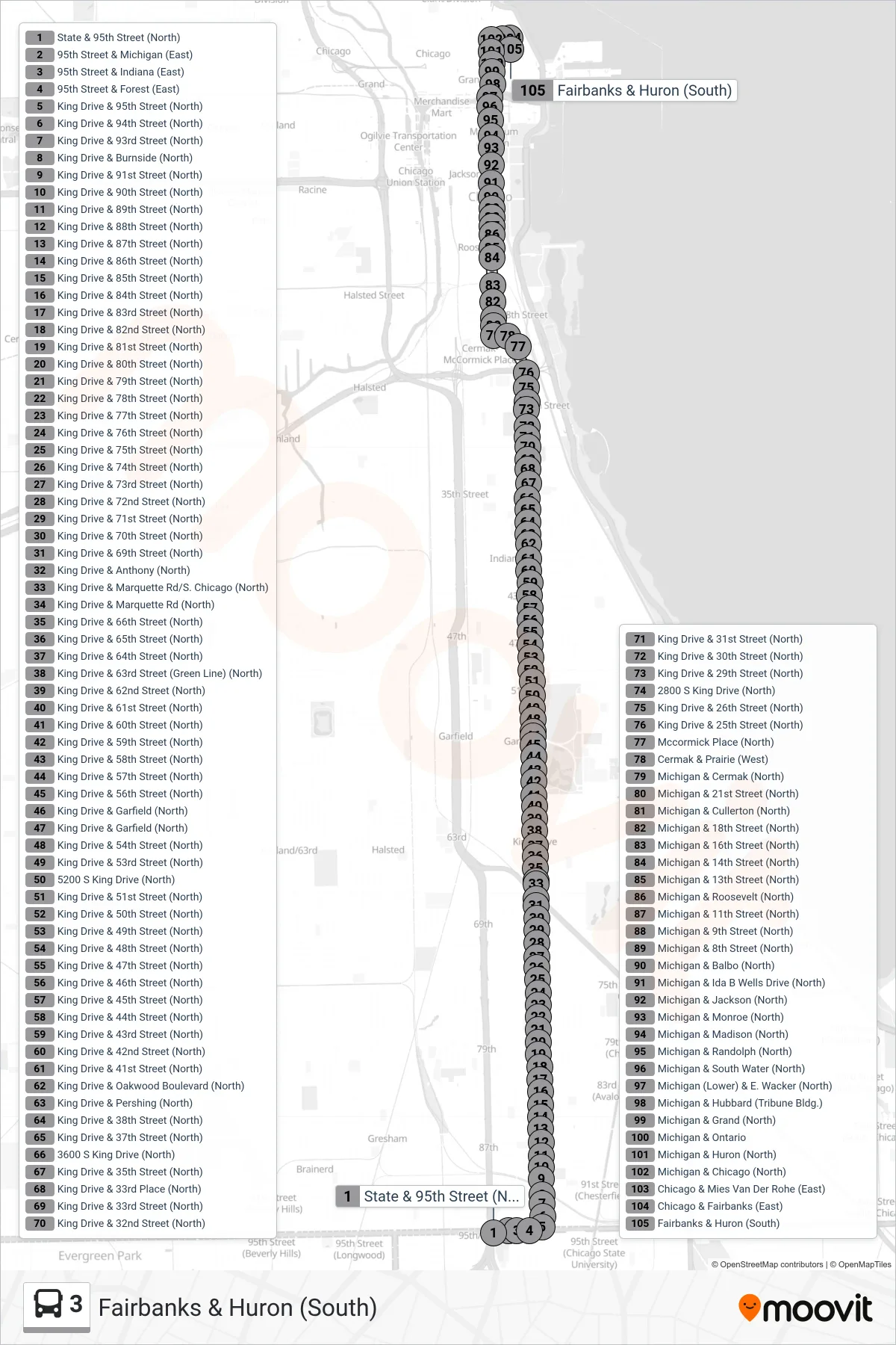 3 bus Line (Fairbanks & Huron (South)) route and stops on a map