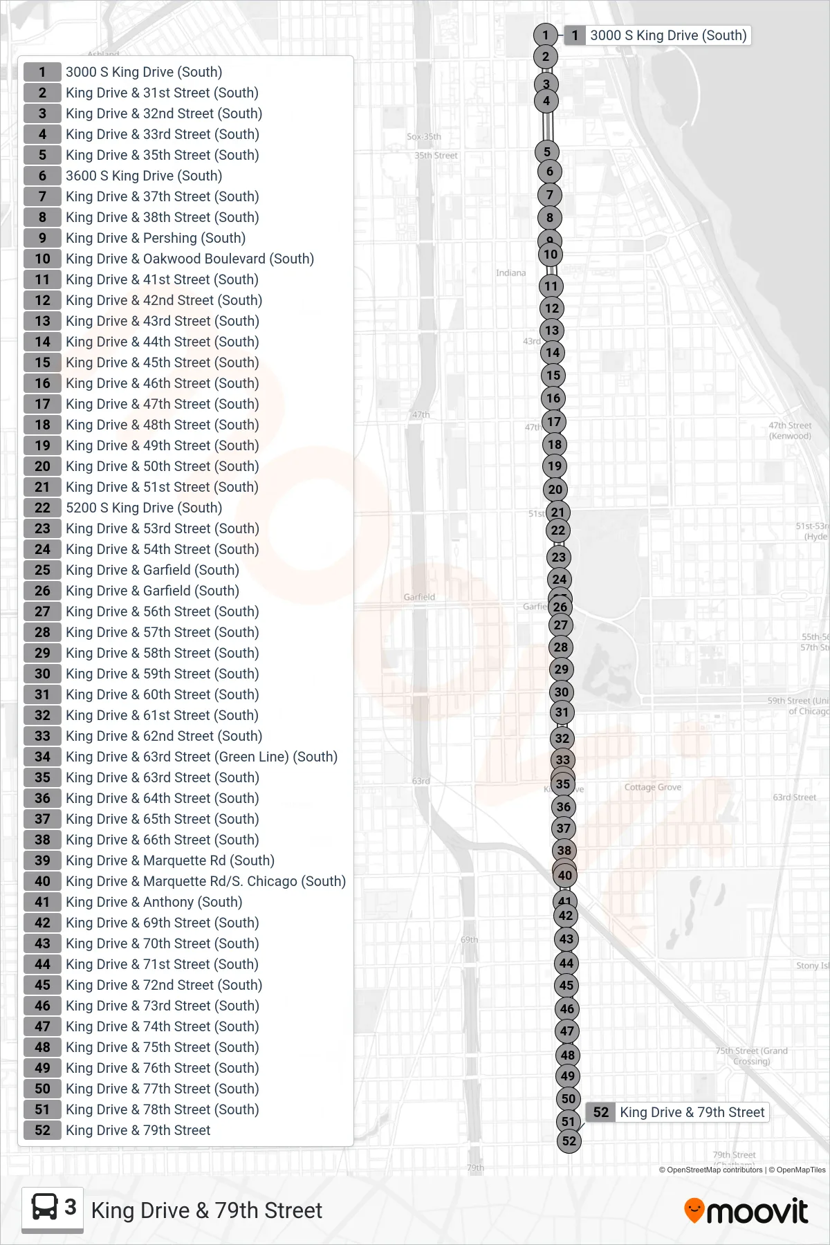 3 bus Line (King Drive & 79th Street) route and stops on a map