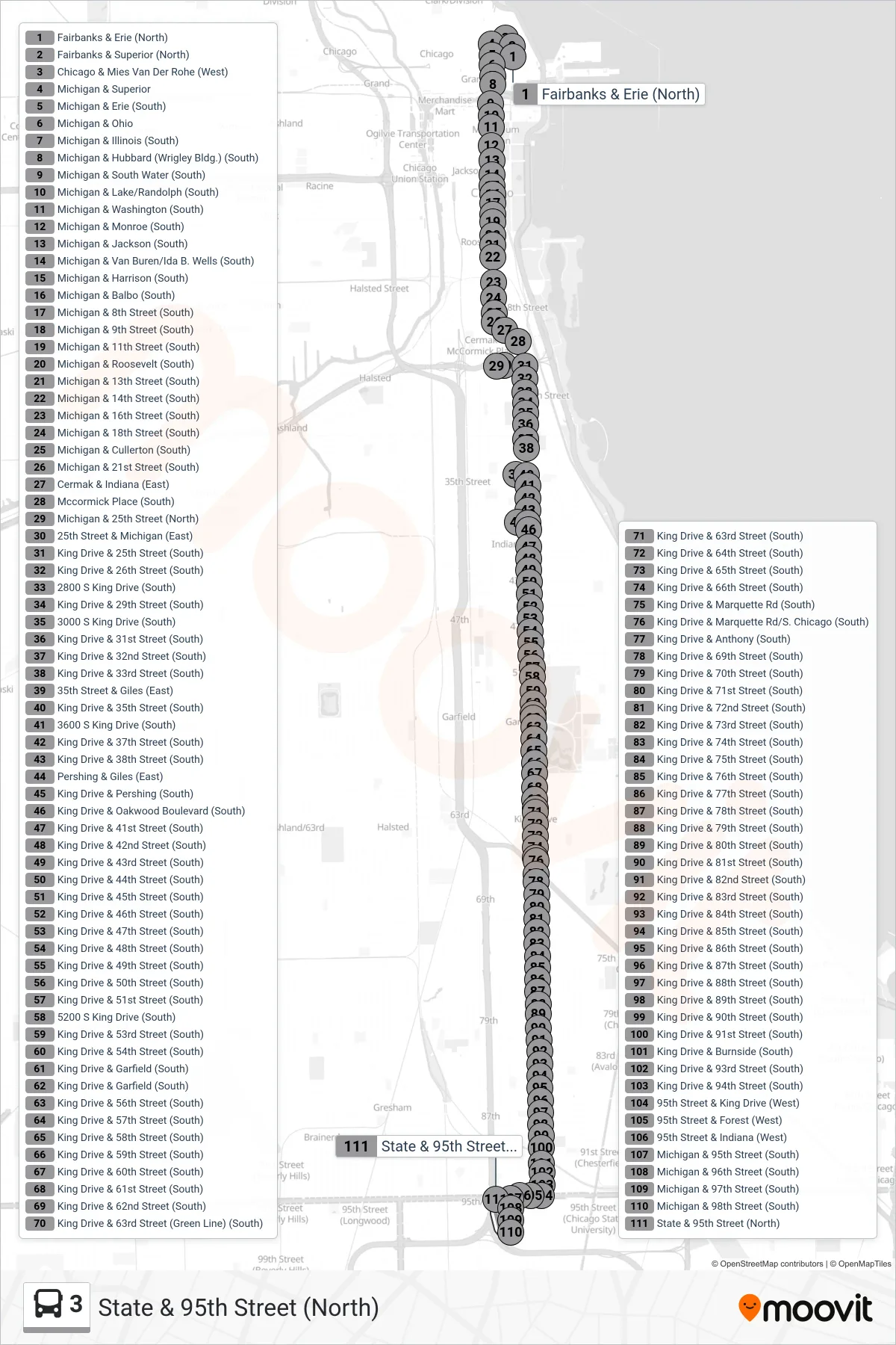 3 bus Line (State & 95th Street (North)) route and stops on a map