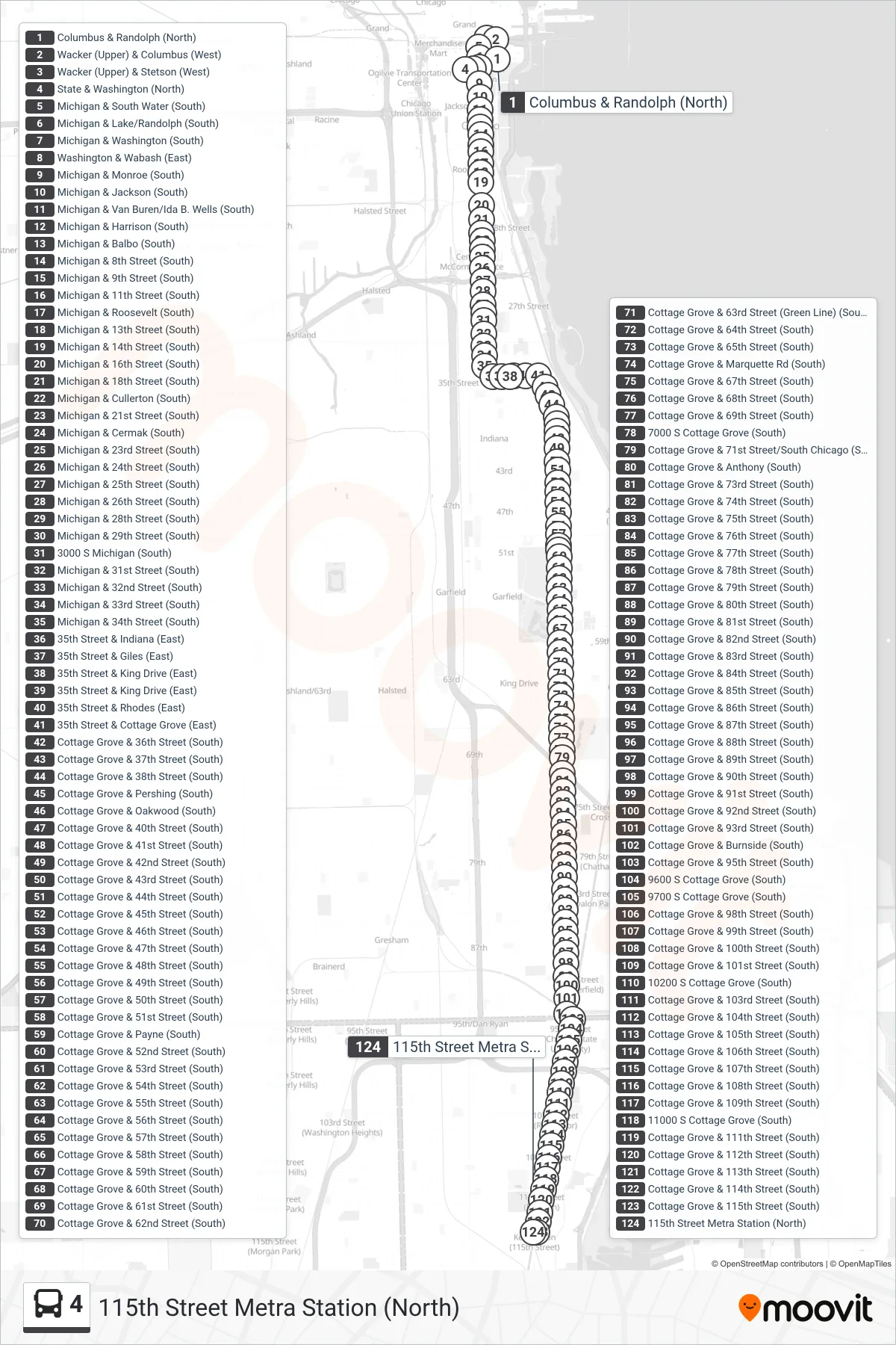 4 bus Line (115th Street Metra Station (North)) route and stops on a map