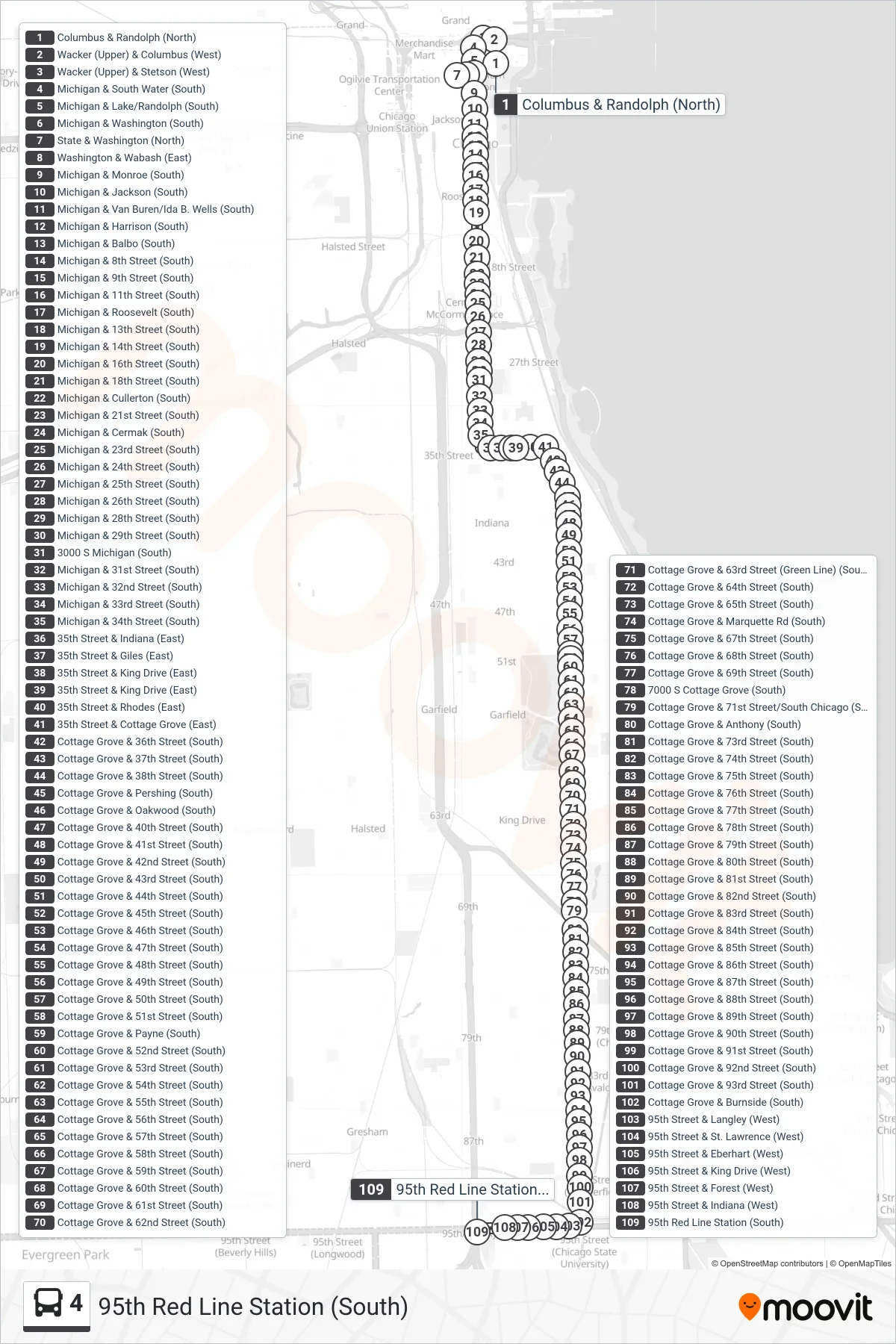 4 bus Line (95th Red Line Station (South)) route and stops on a map