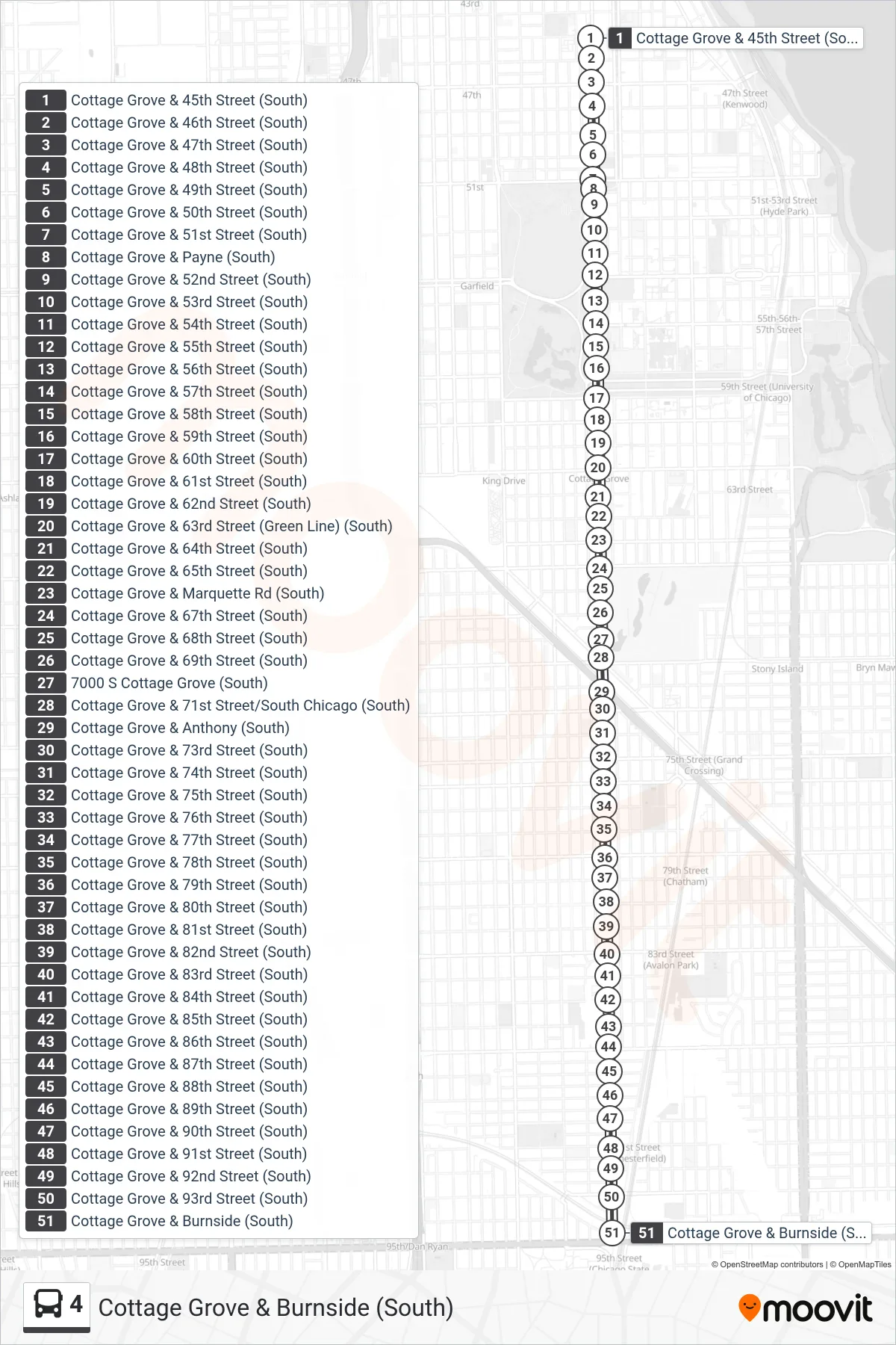 4 bus Line (Cottage Grove & Burnside (South)) route and stops on a map