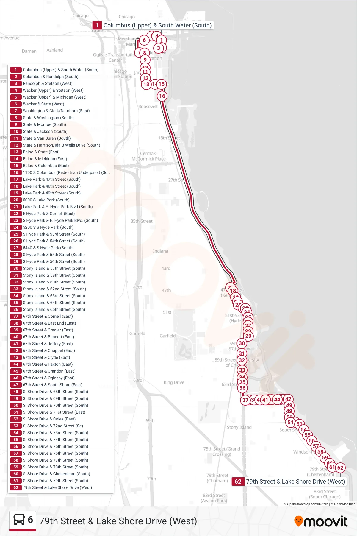 6 bus Line (79th Street & Lake Shore Drive (West)) route and stops on a map