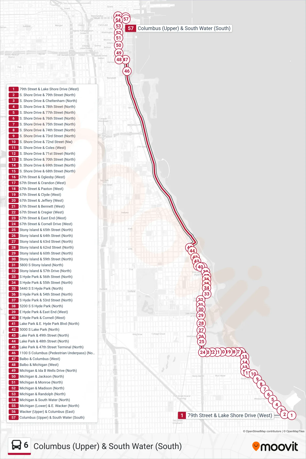 6 bus Line (Columbus (Upper) & South Water (South)) route and stops on a map