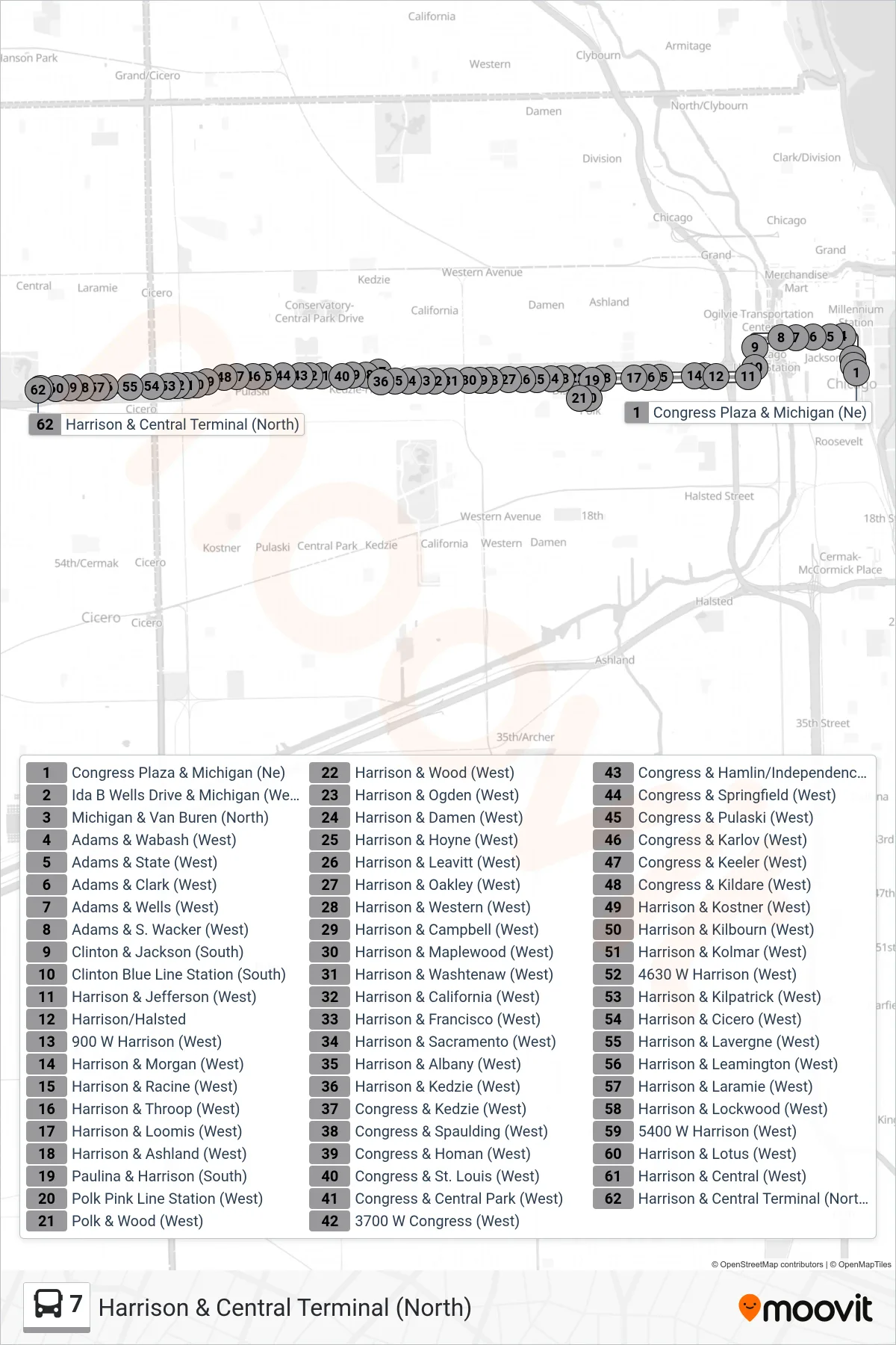 7 bus Line (Harrison & Central Terminal (North)) route and stops on a map