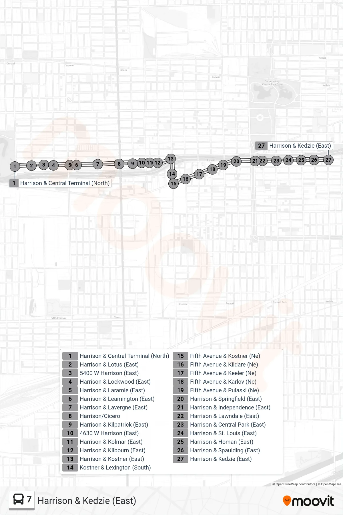 7 bus Line (Harrison & Kedzie (East)) route and stops on a map