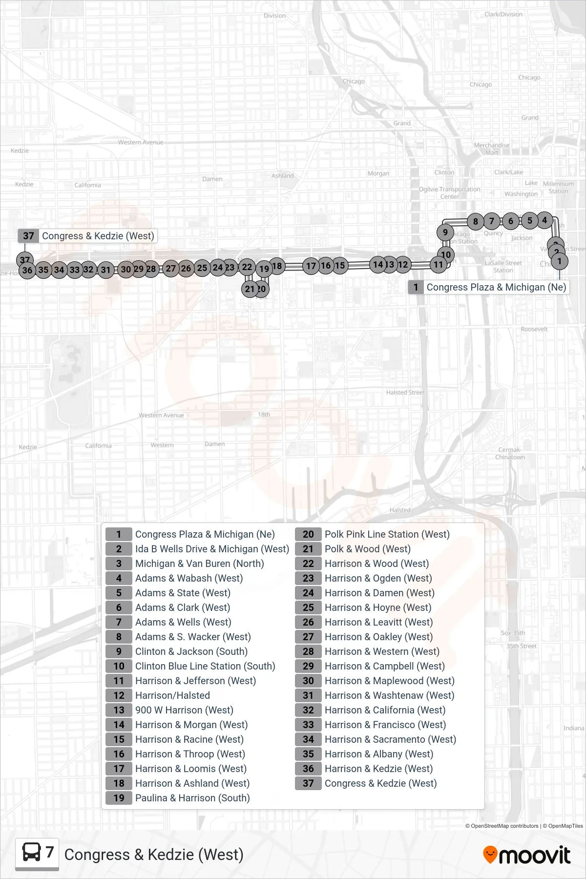 7 bus Line (Congress & Kedzie (West)) route and stops on a map