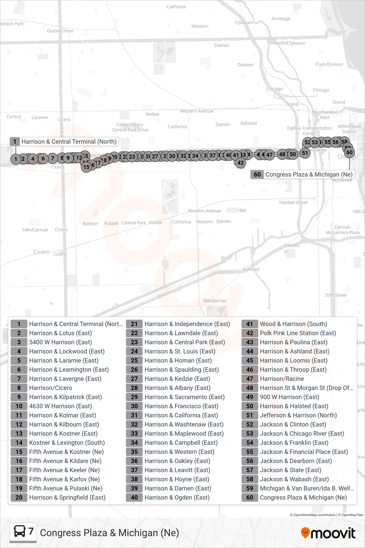 7 bus Line (Congress Plaza & Michigan (Ne)) route and stops on a map