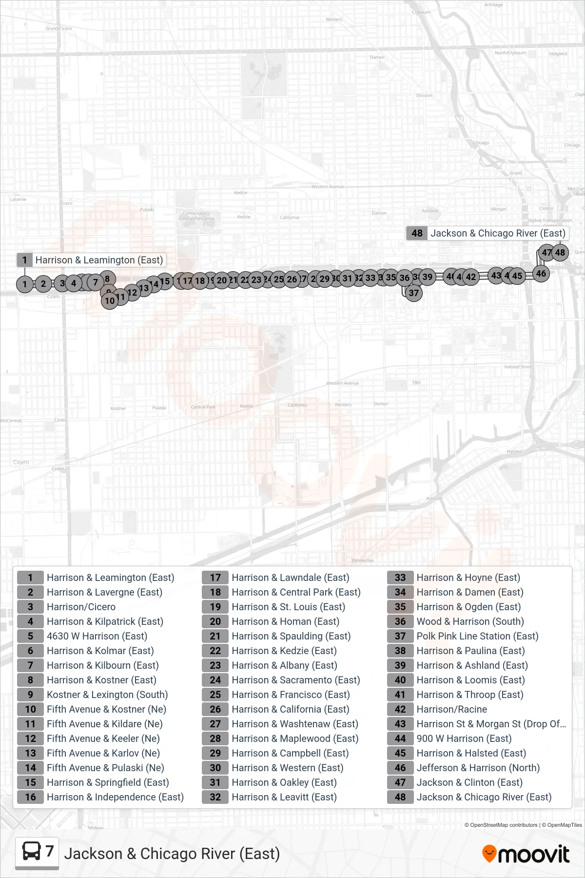 7 bus Line (Jackson & Chicago River (East)) route and stops on a map
