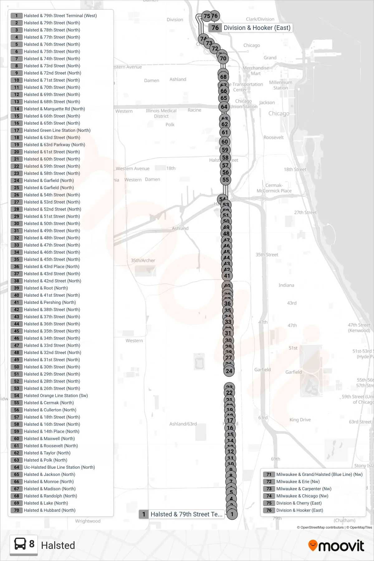 8 bus Line (Division & Hooker (East)) route and stops on a map