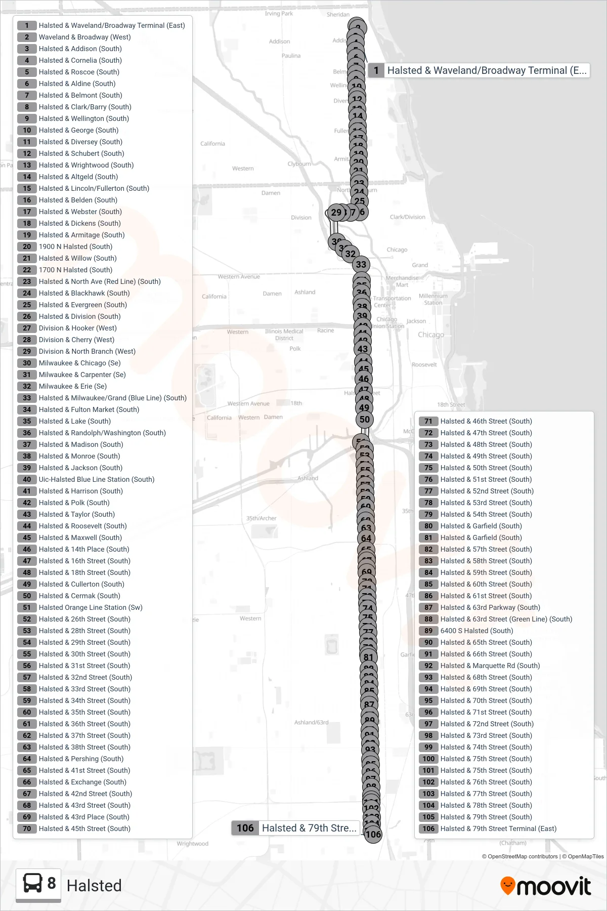 8 bus Line (Halsted & 79th Street Terminal (East)) route and stops on a map