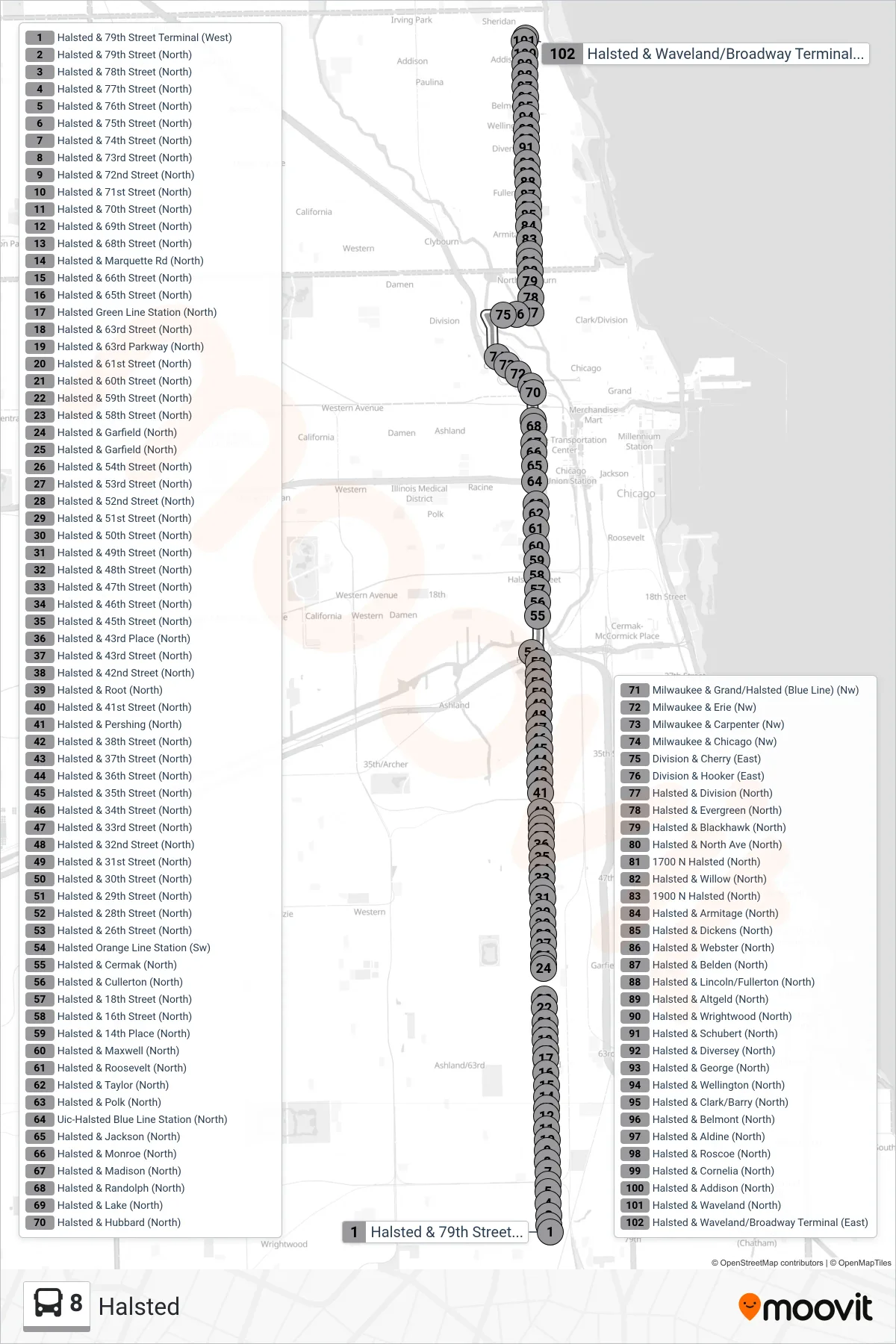 8 bus Line (Halsted & Waveland/Broadway Terminal (East)) route and stops on a map