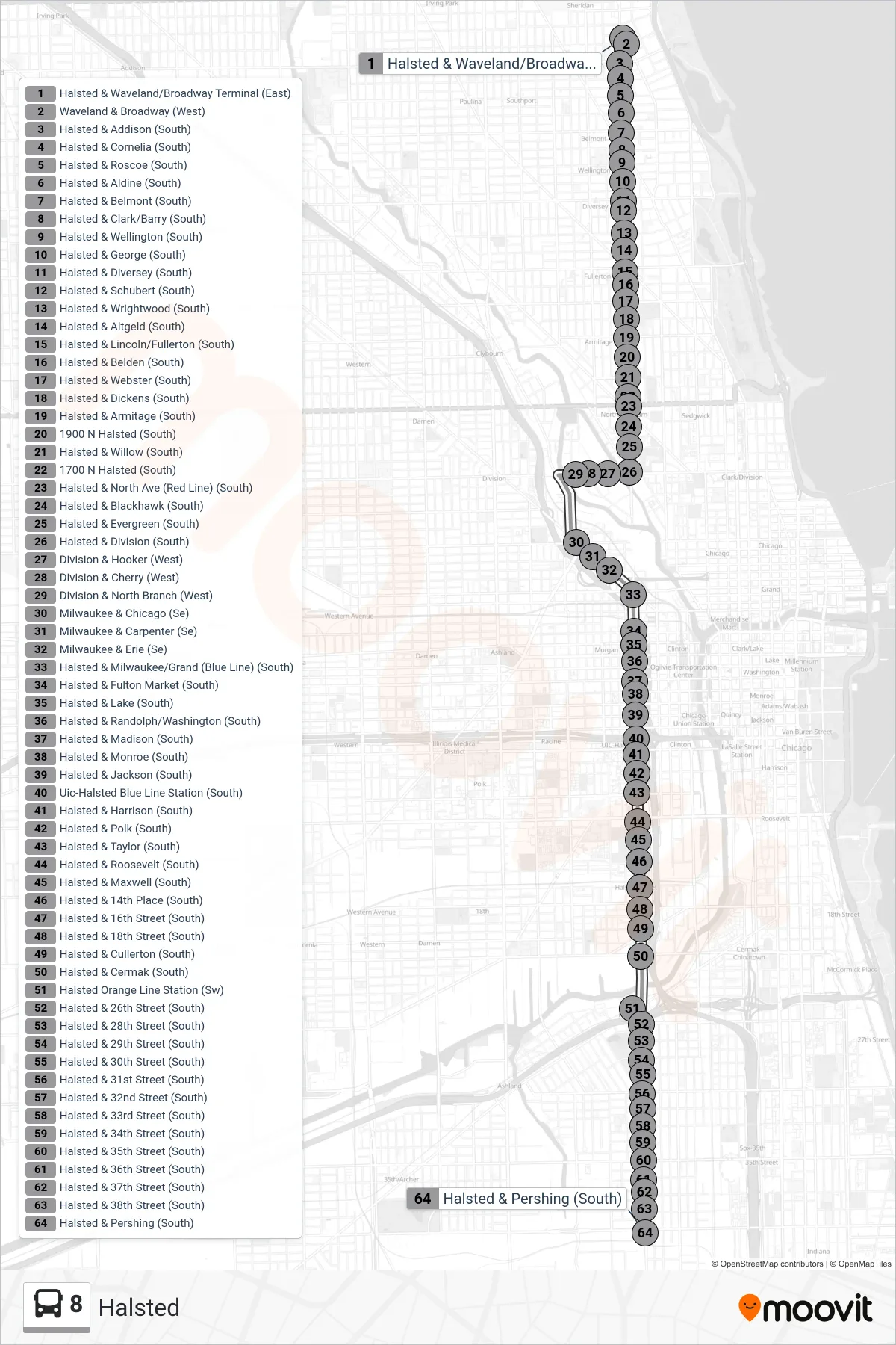8 bus Line (Halsted & Pershing (South)) route and stops on a map