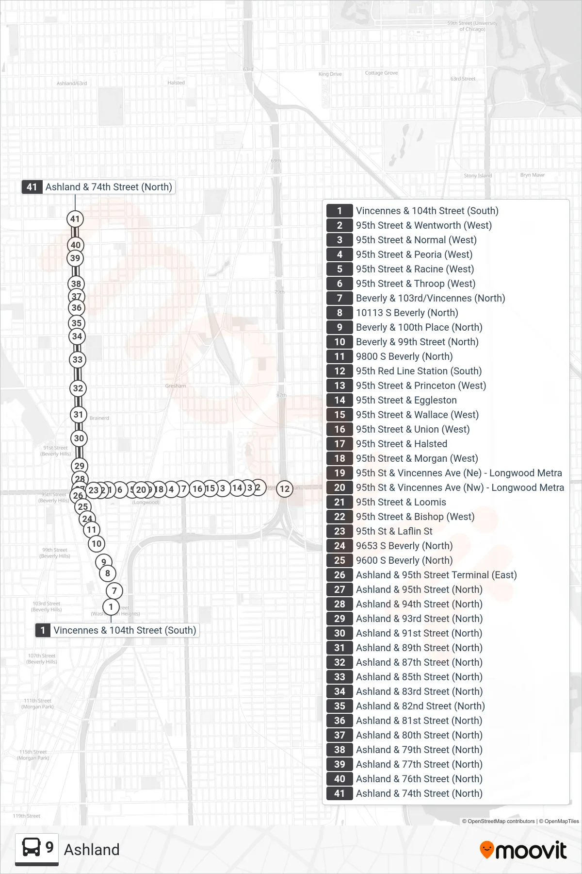 9 bus Line (Ashland & 74th Street (North)) route and stops on a map