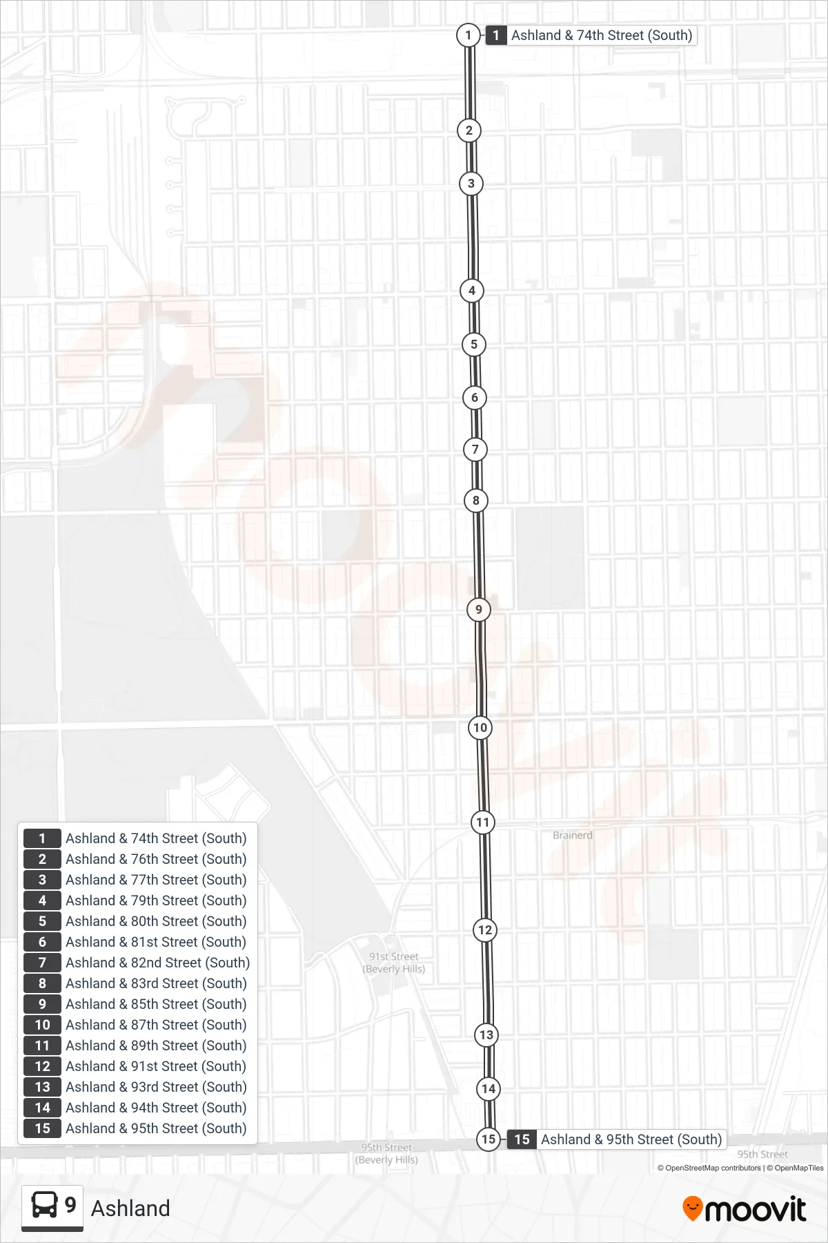 9 bus Line (Ashland & 95th Street (South)) route and stops on a map