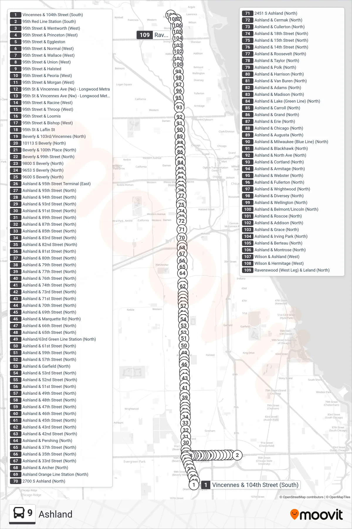 9 bus Line (Ravenswood (West Leg) & Leland (North)) route and stops on a map