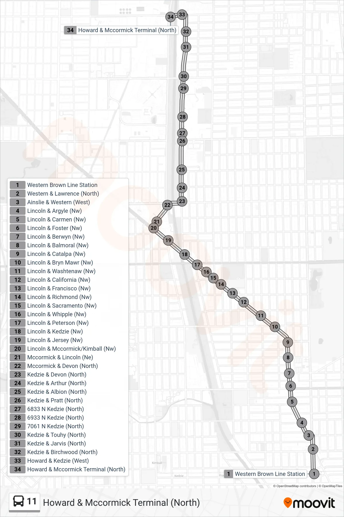 11 bus Line (Howard & Mccormick Terminal (North)) route and stops on a map