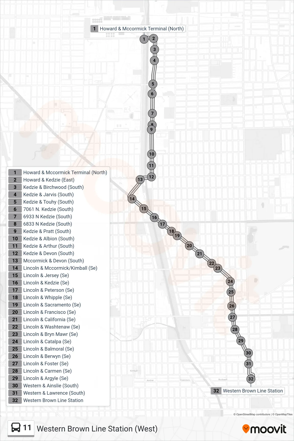 11 bus Line (Western Brown Line Station (West)) route and stops on a map