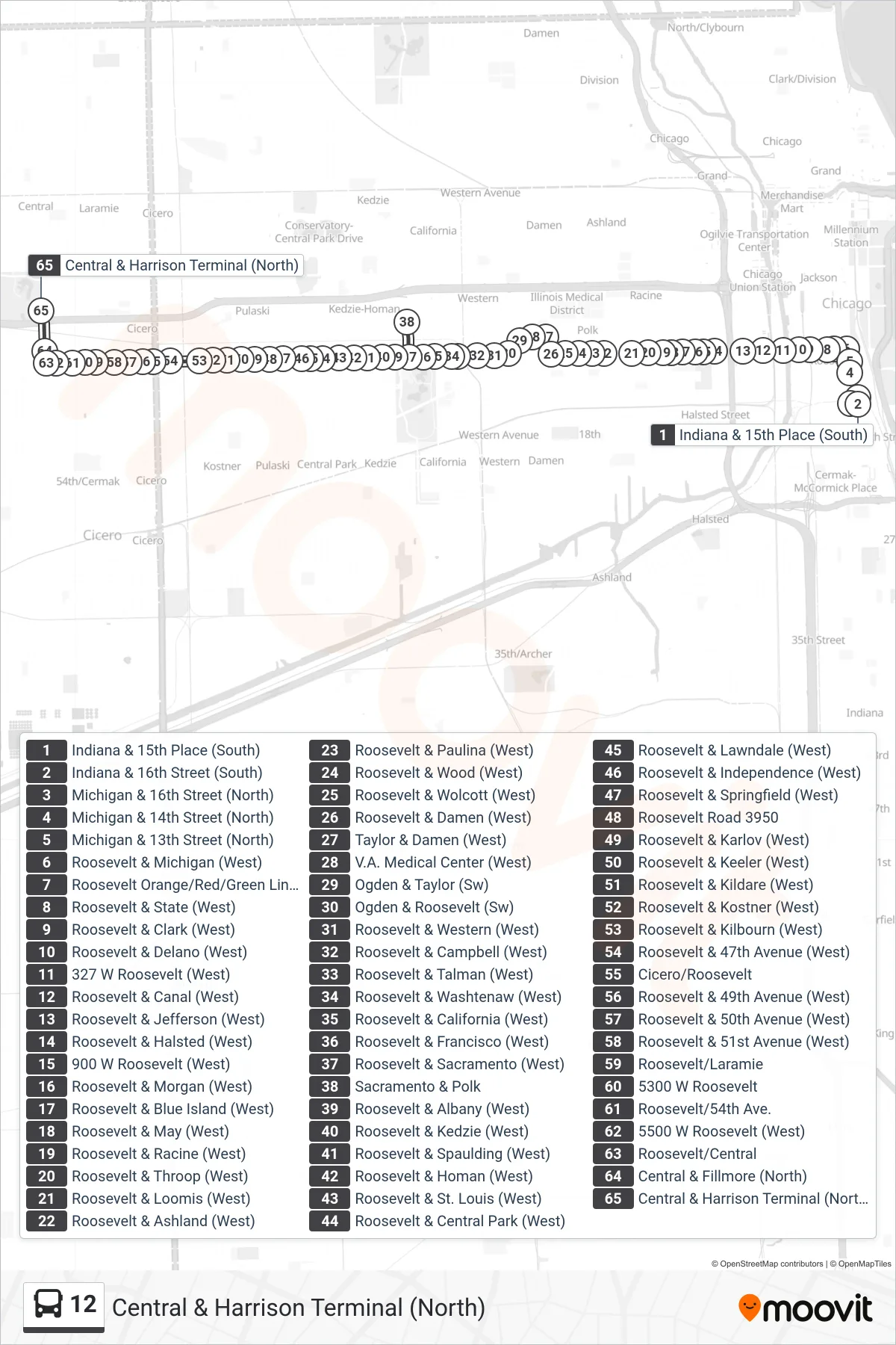 12 bus Line (Central & Harrison Terminal (North)) route and stops on a map