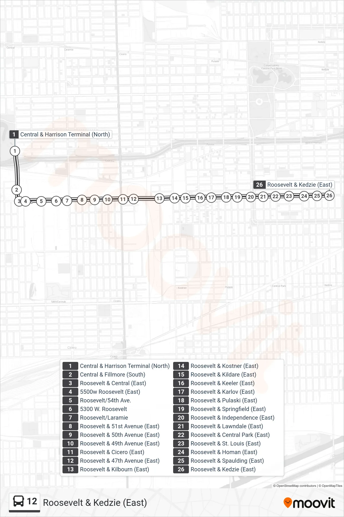 12 bus Line (Roosevelt & Kedzie (East)) route and stops on a map