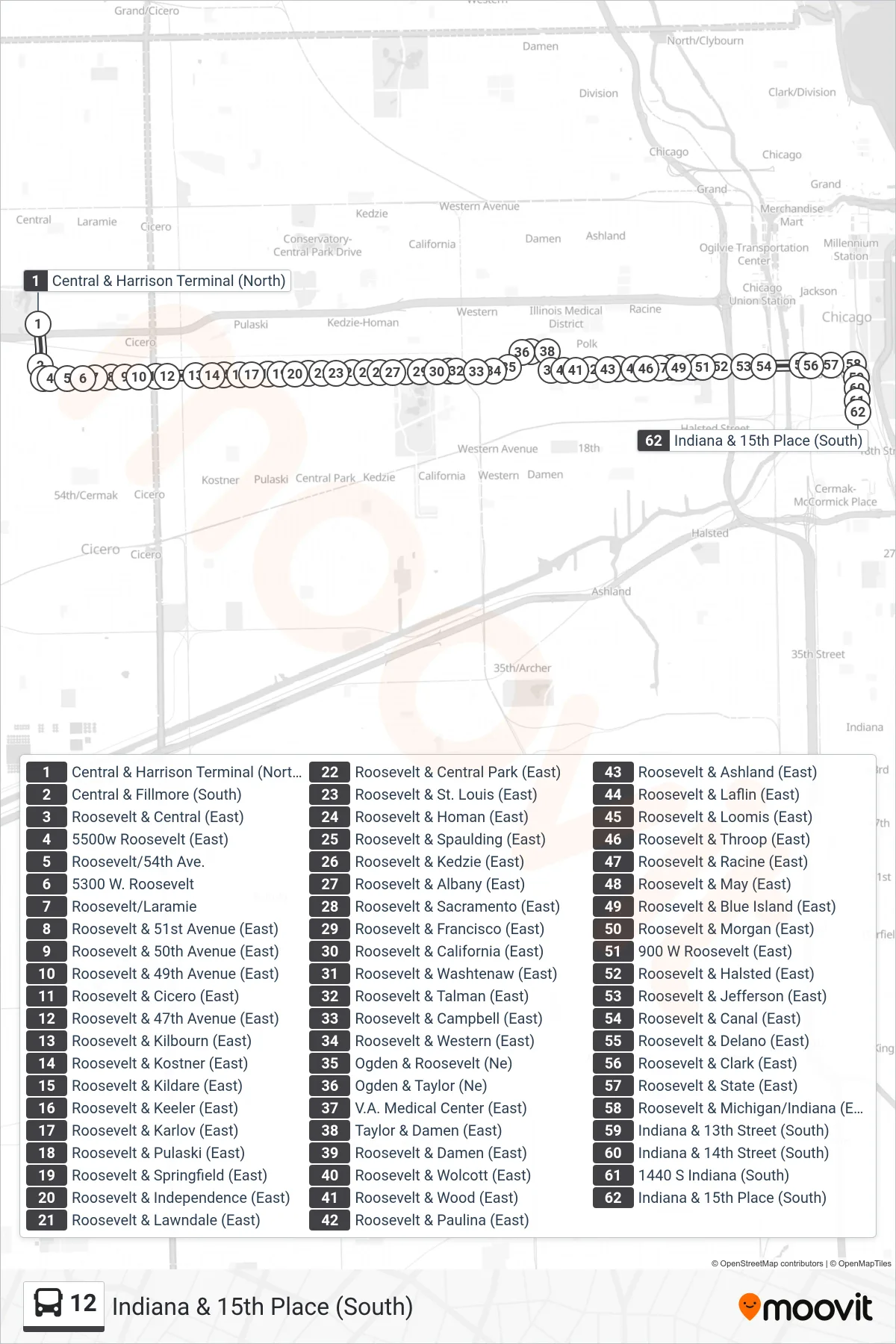 12 bus Line (Indiana & 15th Place (South)) route and stops on a map