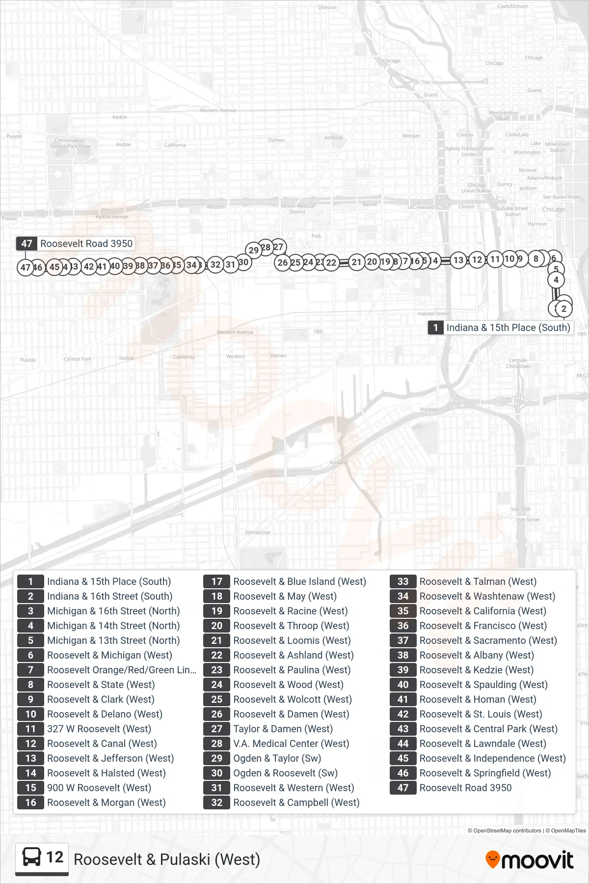 12 bus Line (Roosevelt & Pulaski (West)) route and stops on a map