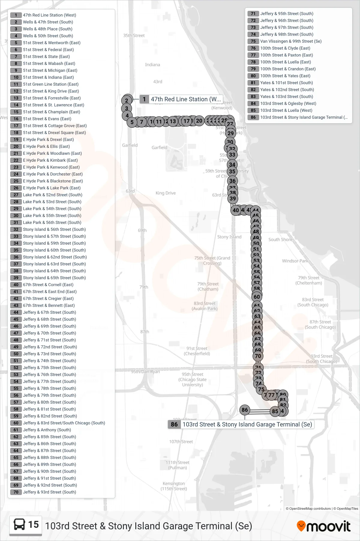 15 bus Line (103rd Street & Stony Island Garage Terminal (Se)) route and stops on a map