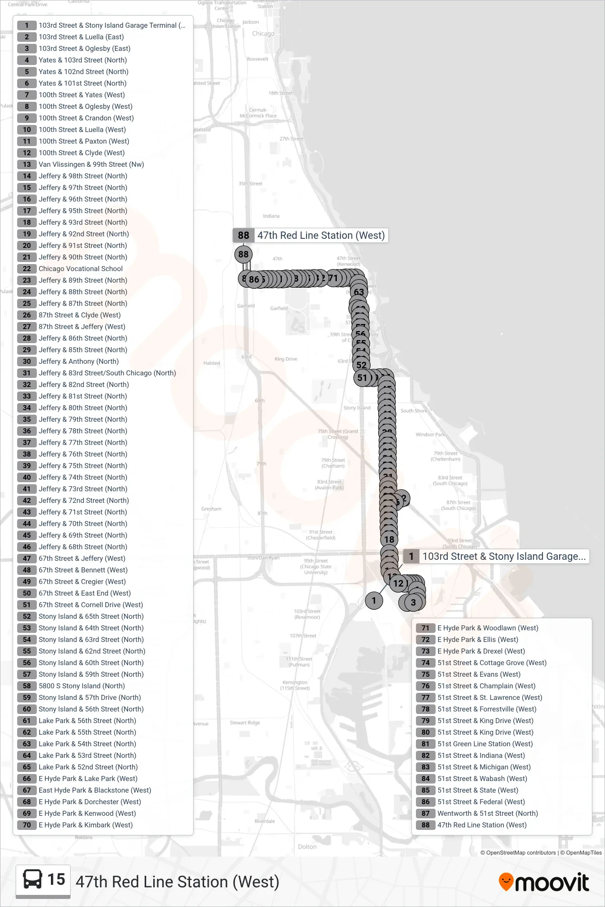 15 bus Line (47th Red Line Station (West)) route and stops on a map