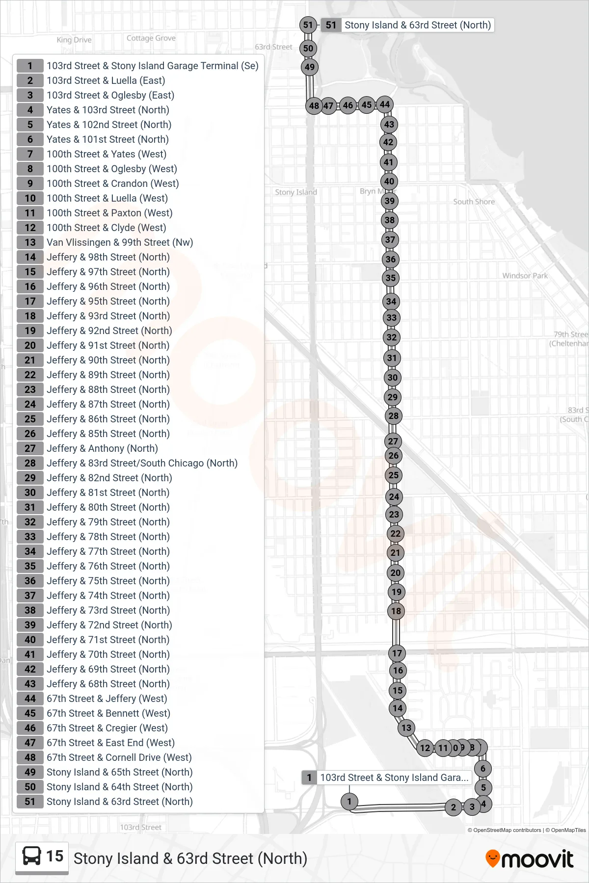 15 bus Line (Stony Island & 63rd Street (North)) route and stops on a map