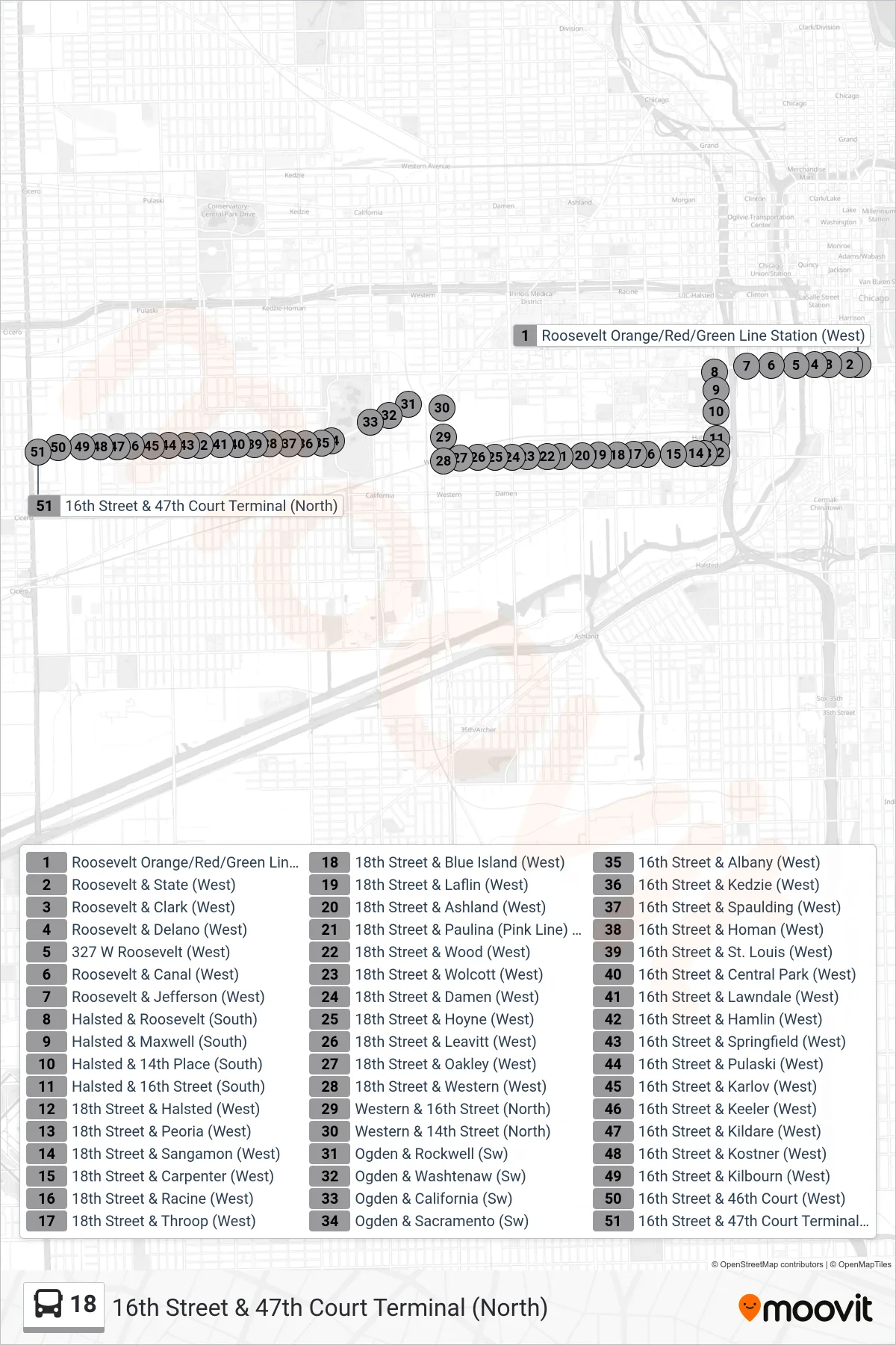 18 bus Line (16th Street & 47th Court Terminal (North)) route and stops on a map