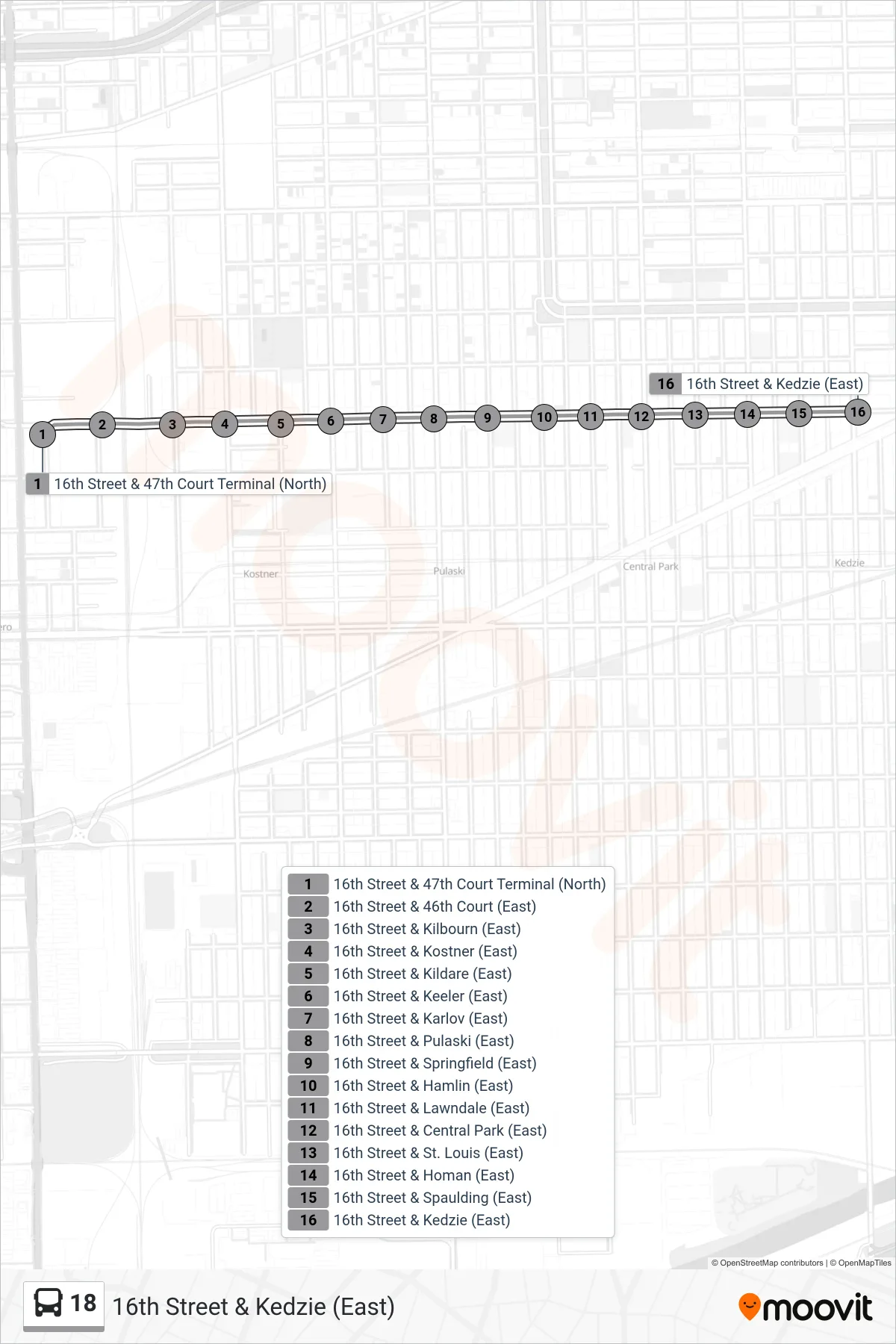 18 bus Line (16th Street & Kedzie (East)) route and stops on a map