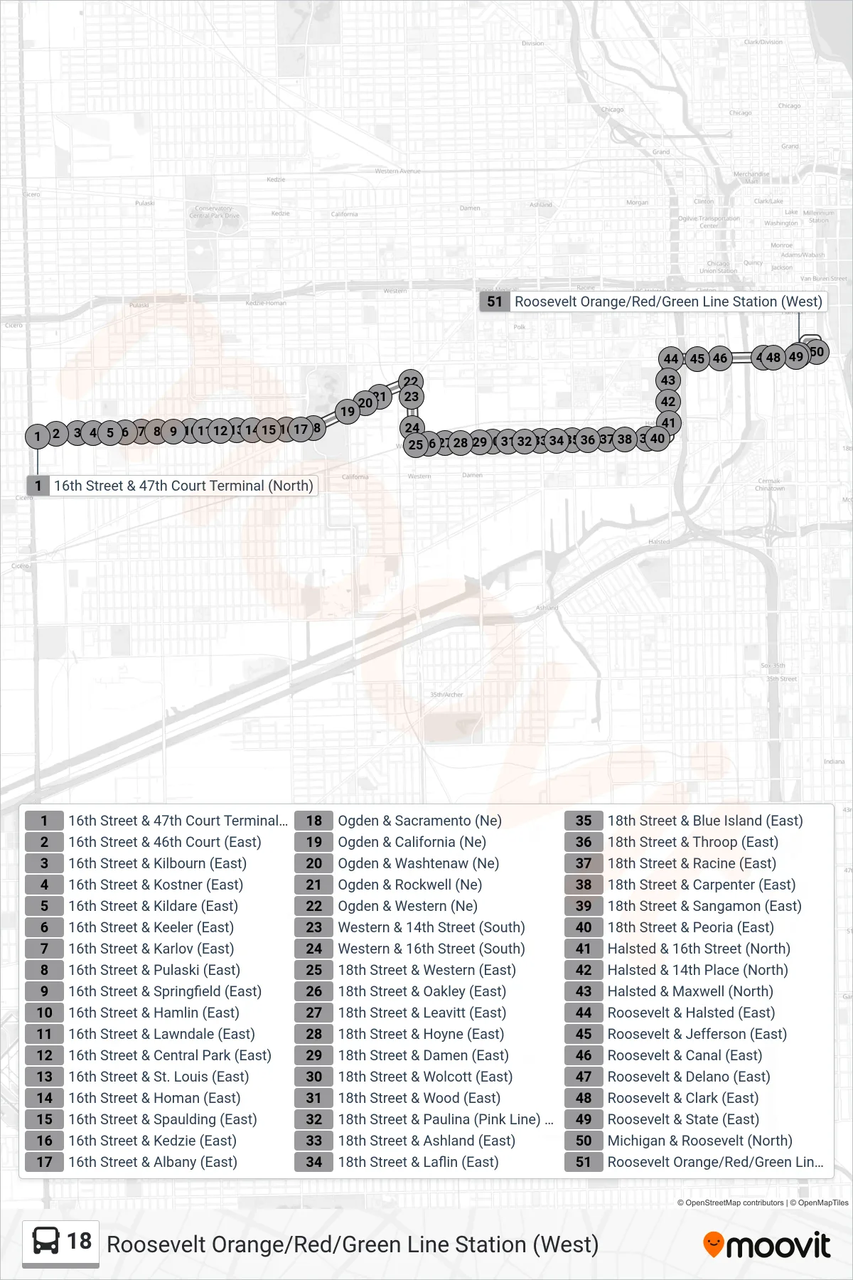 18 bus Line (Roosevelt Orange/Red/Green Line Station (West)) route and stops on a map