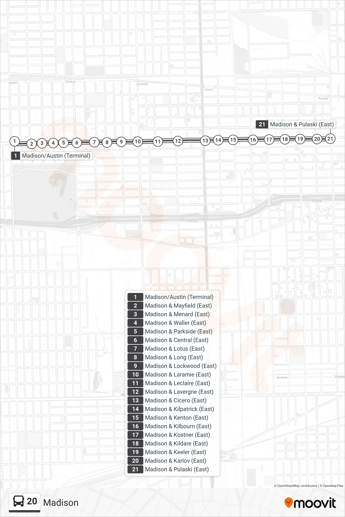 20 bus Line (Madison & Pulaski (East)) route and stops on a map