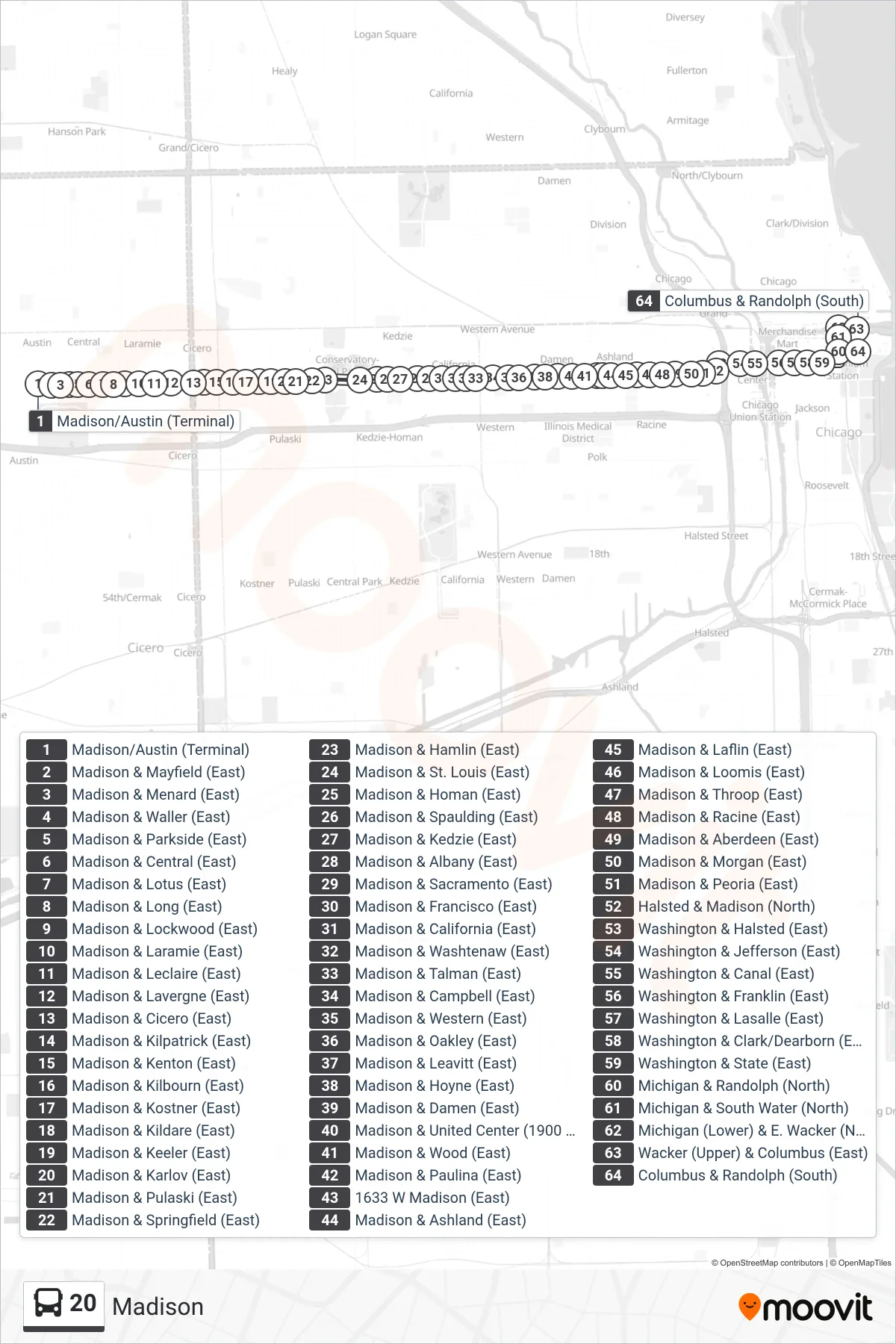 20 bus Line (Columbus & Randolph (South)) route and stops on a map