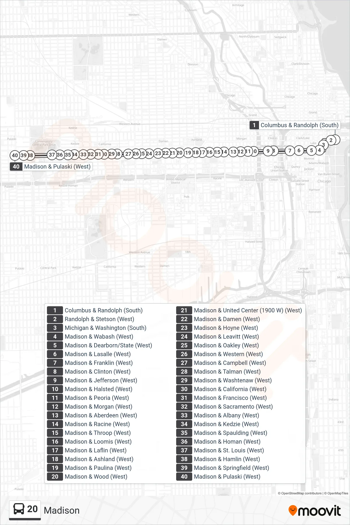 20 bus Line (Madison & Pulaski (West)) route and stops on a map