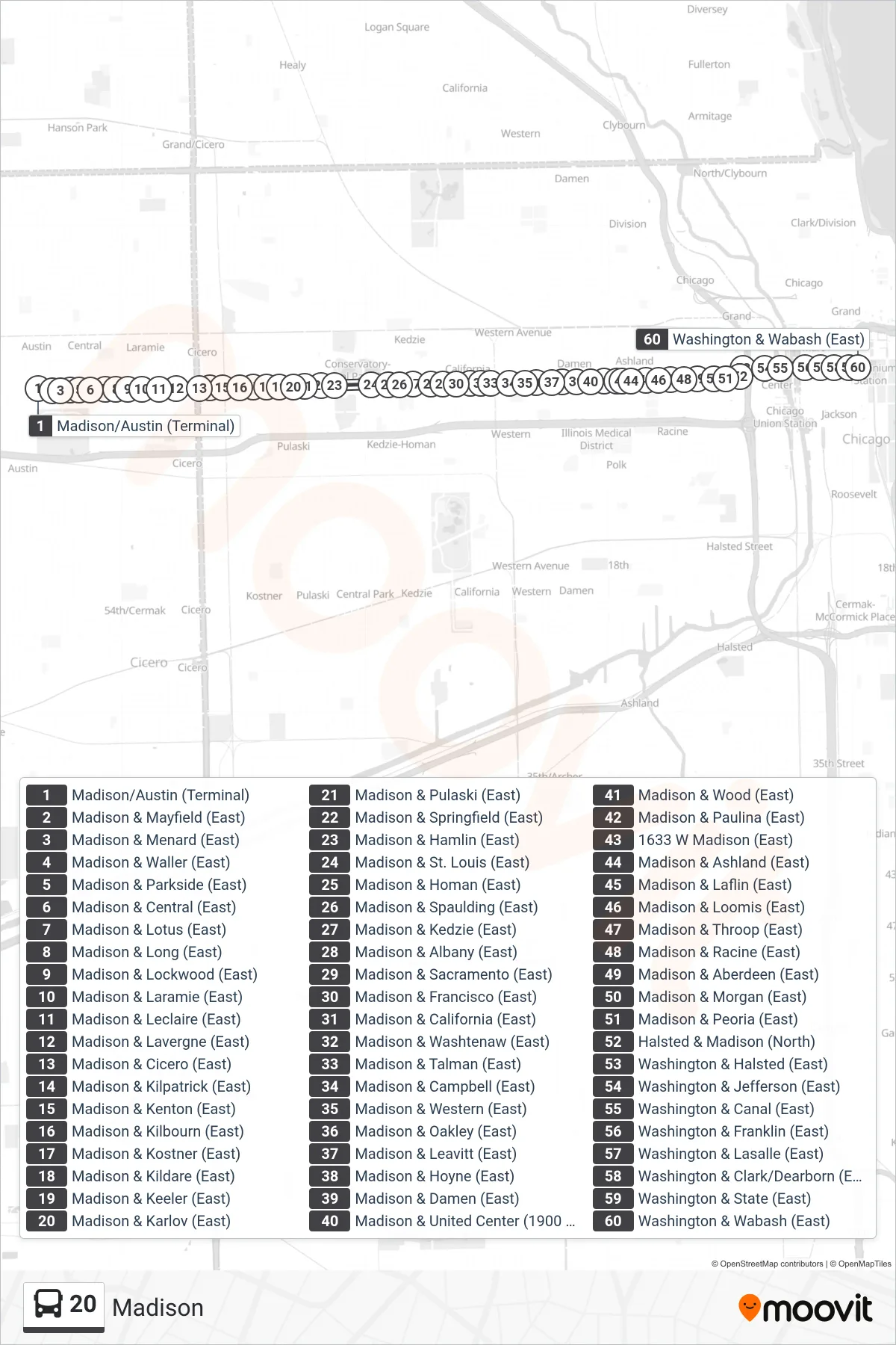 20 bus Line (Washington & Wabash (East)) route and stops on a map