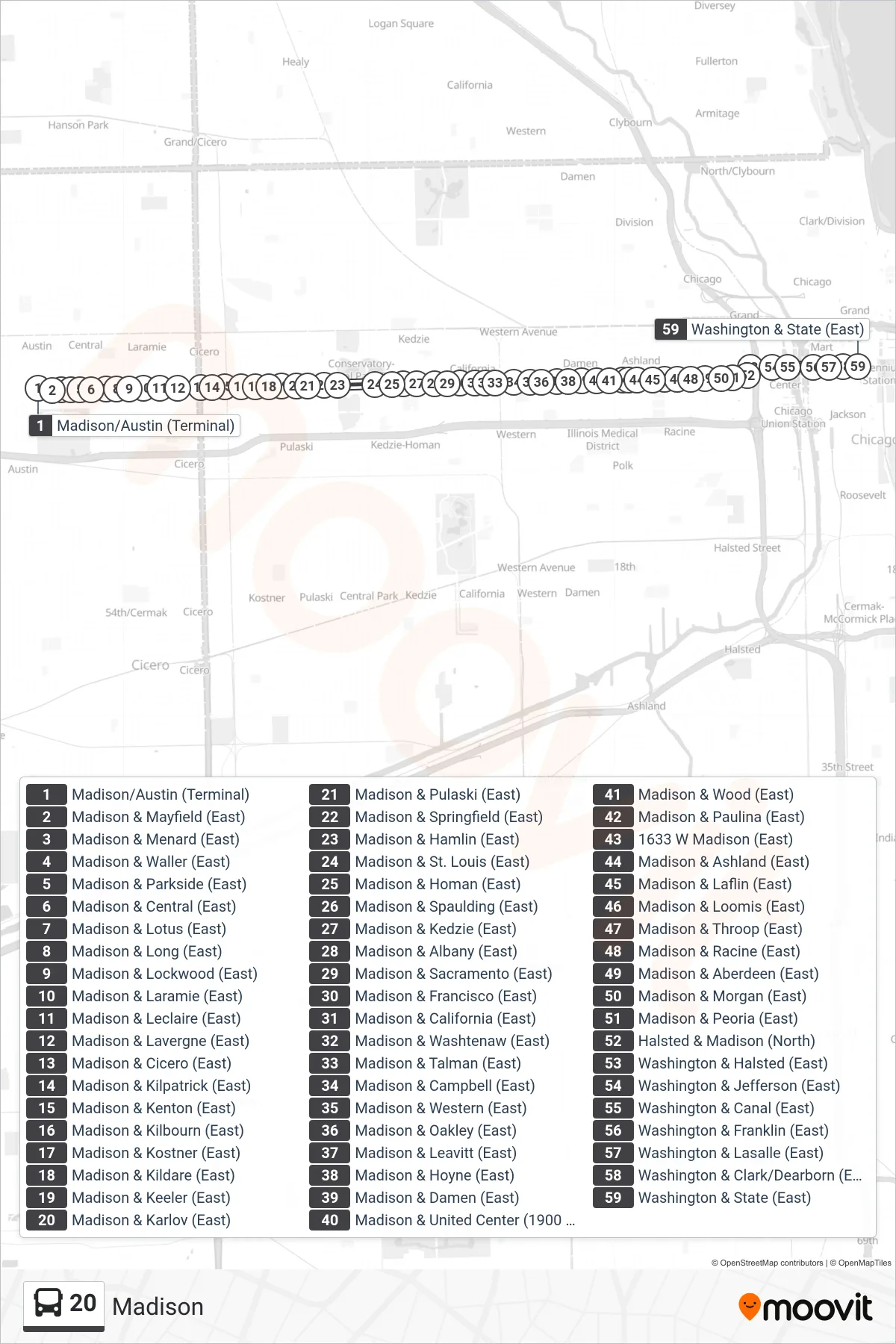 20 bus Line (Washington & State (East)) route and stops on a map
