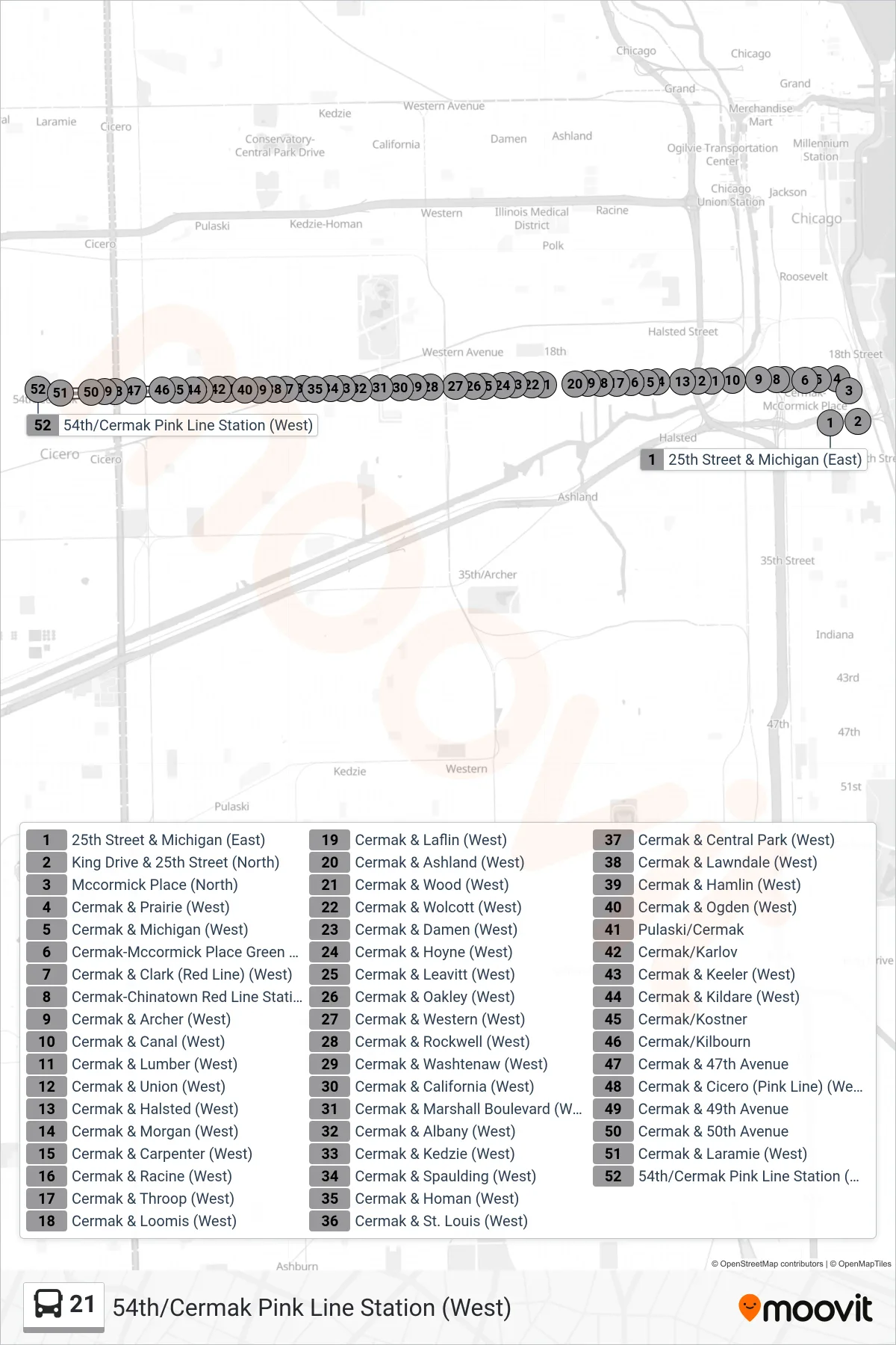 21 bus Line (54th/Cermak Pink Line Station (West)) route and stops on a map