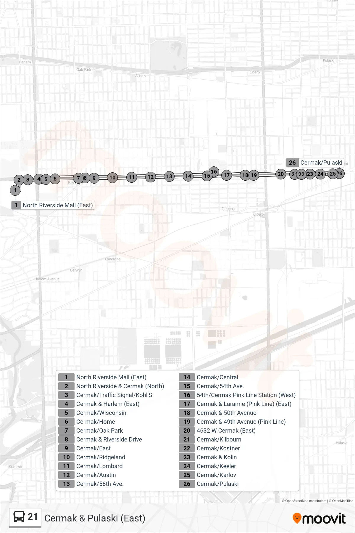 21 bus Line (Cermak & Pulaski (East)) route and stops on a map