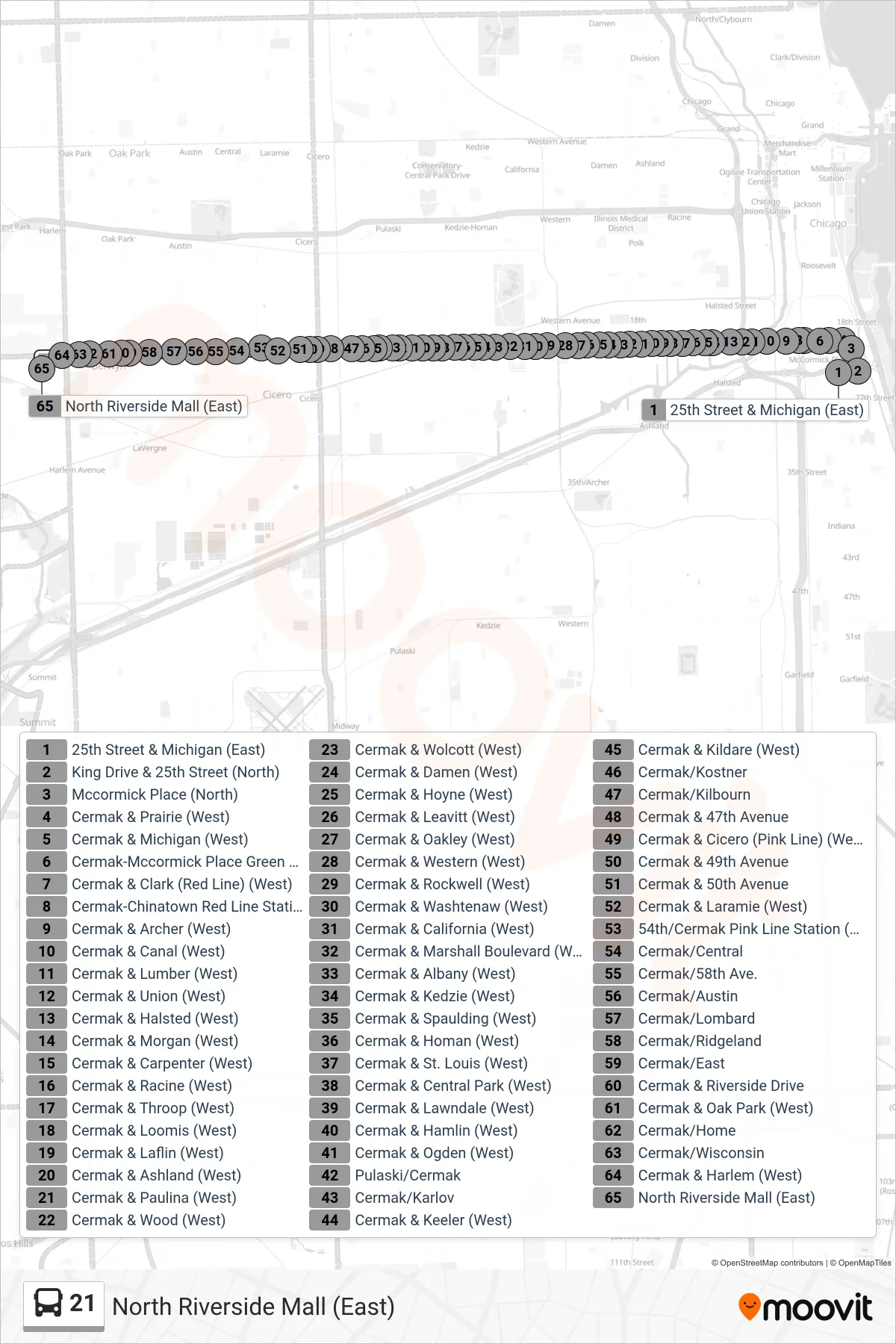 21 bus Line (North Riverside Mall (East)) route and stops on a map