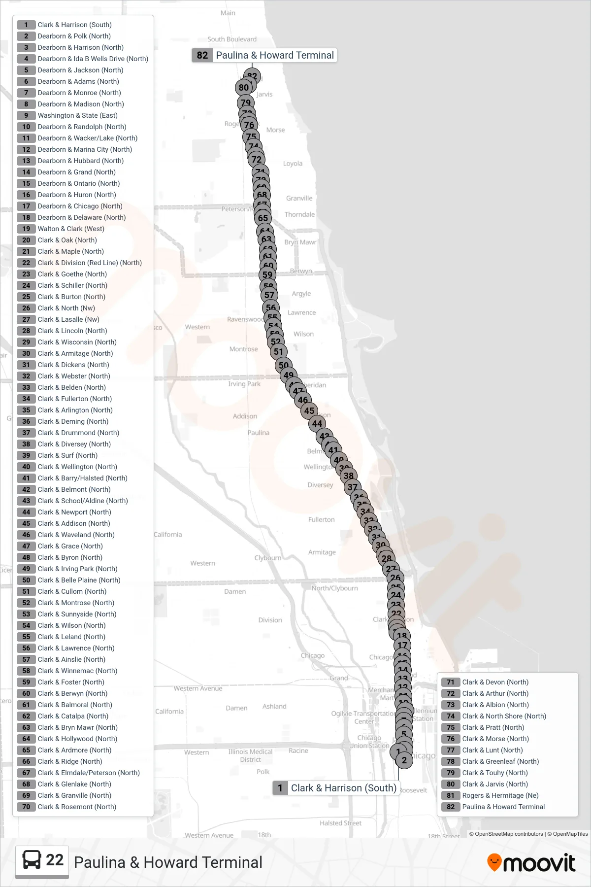 22 bus Line (Paulina & Howard Terminal) route and stops on a map