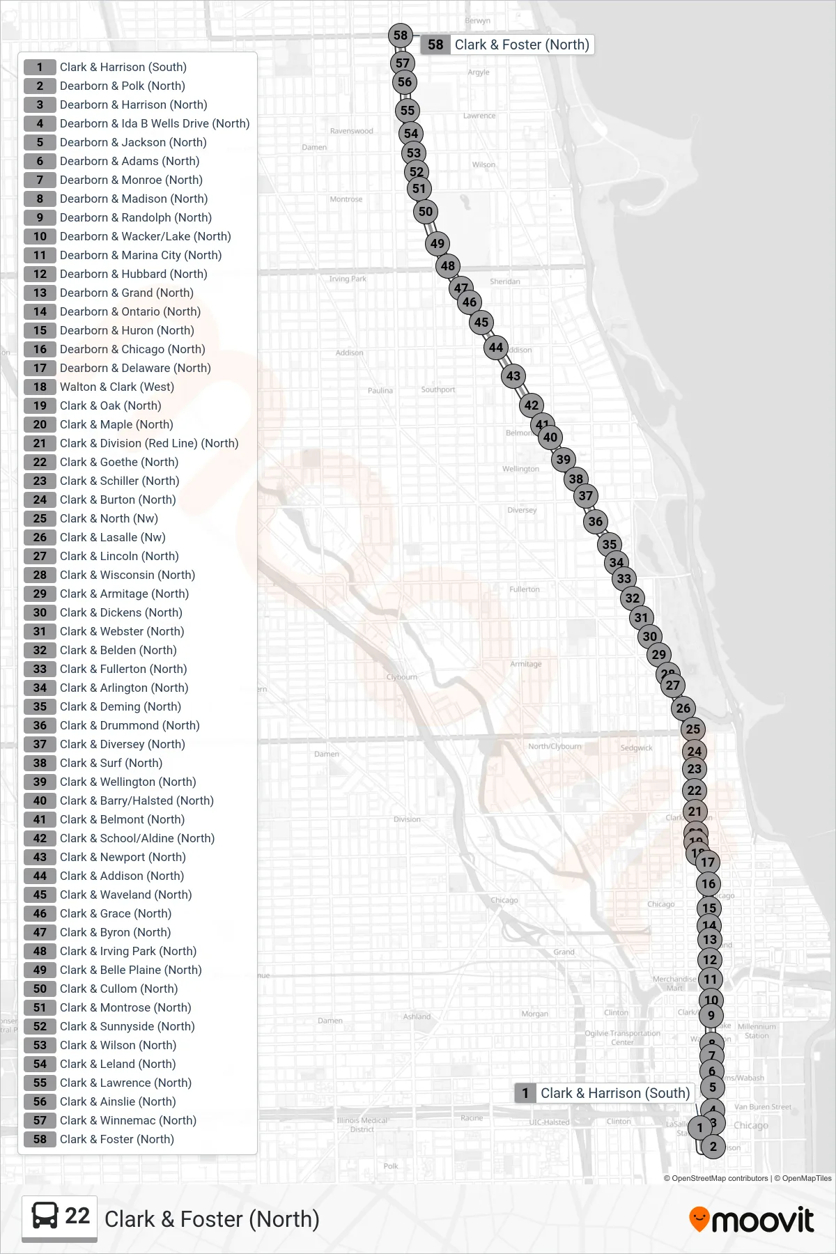 22 bus Line (Clark & Foster (North)) route and stops on a map