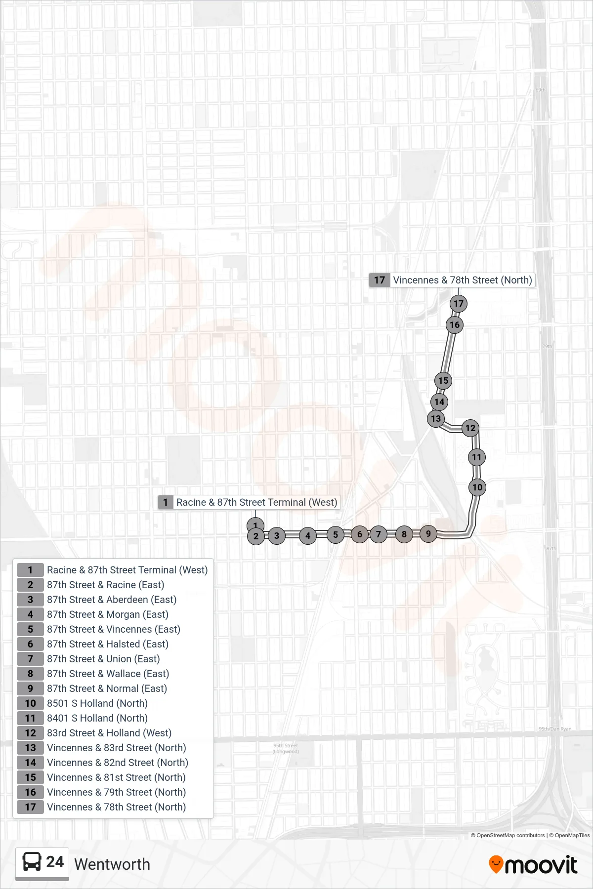 24 bus Line (Vincennes & 78th Street (North)) route and stops on a map