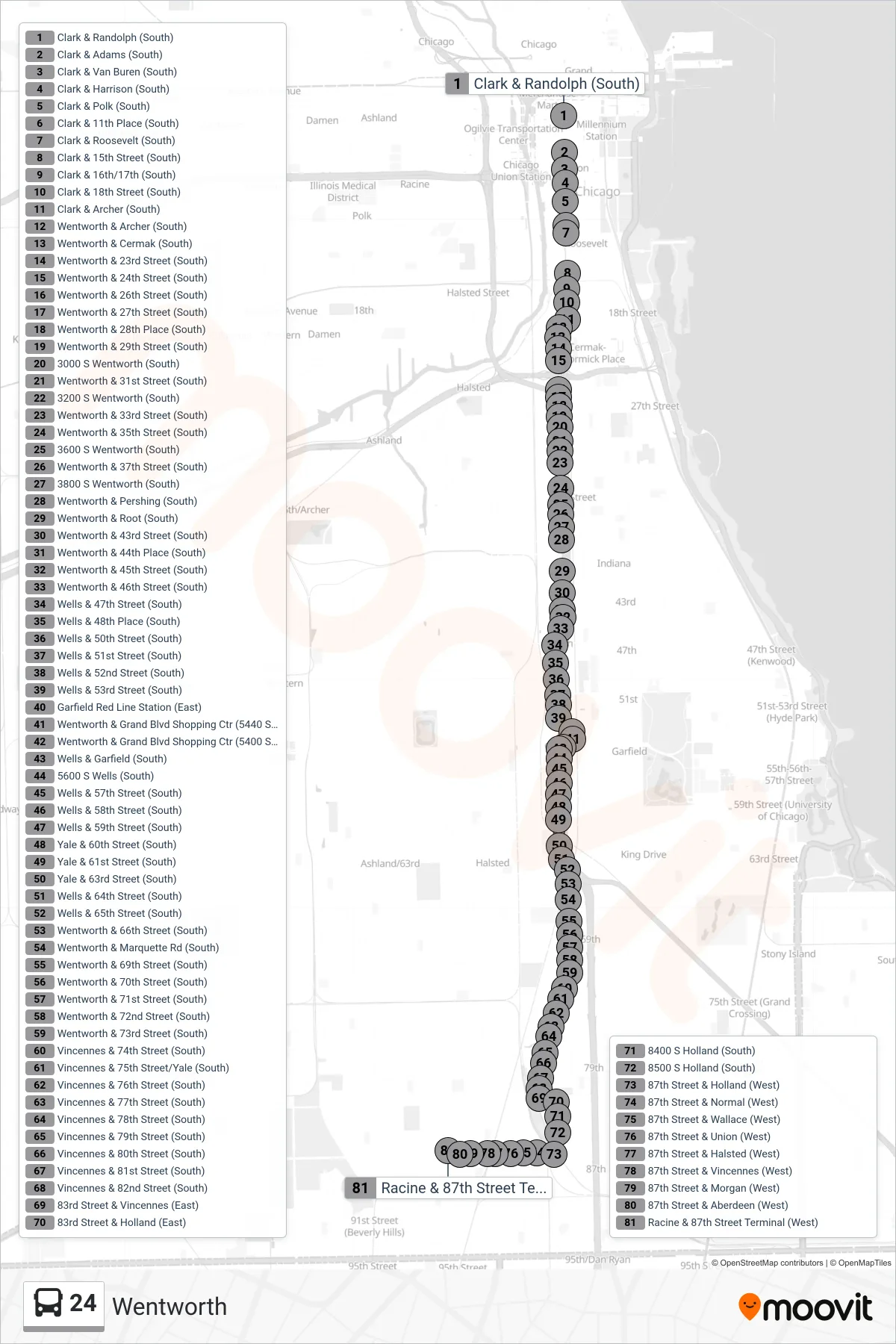 24 bus Line (Racine & 87th Street Terminal (West)) route and stops on a map