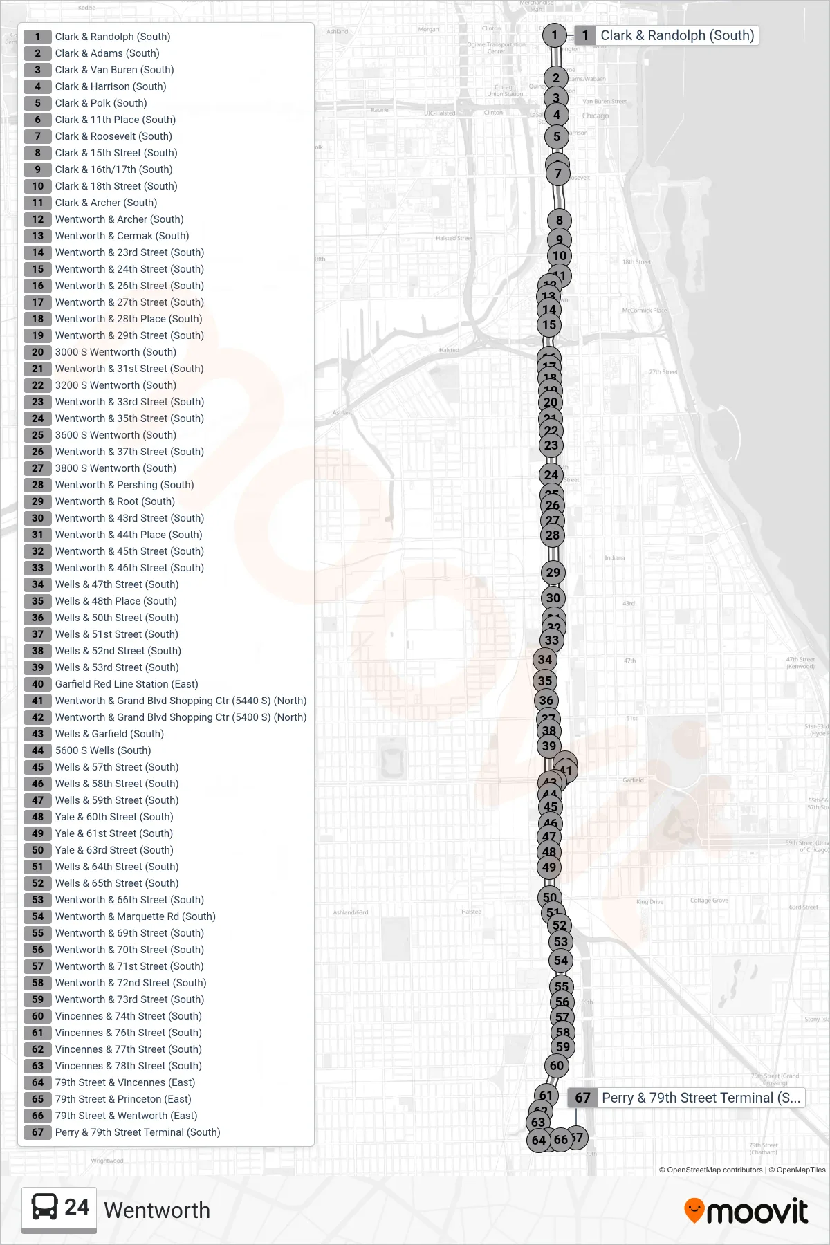 24 bus Line (Perry & 79th Street Terminal (South)) route and stops on a map