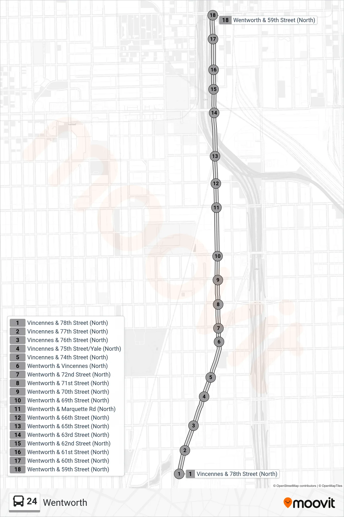 24 bus Line (Wentworth & 59th Street (North)) route and stops on a map