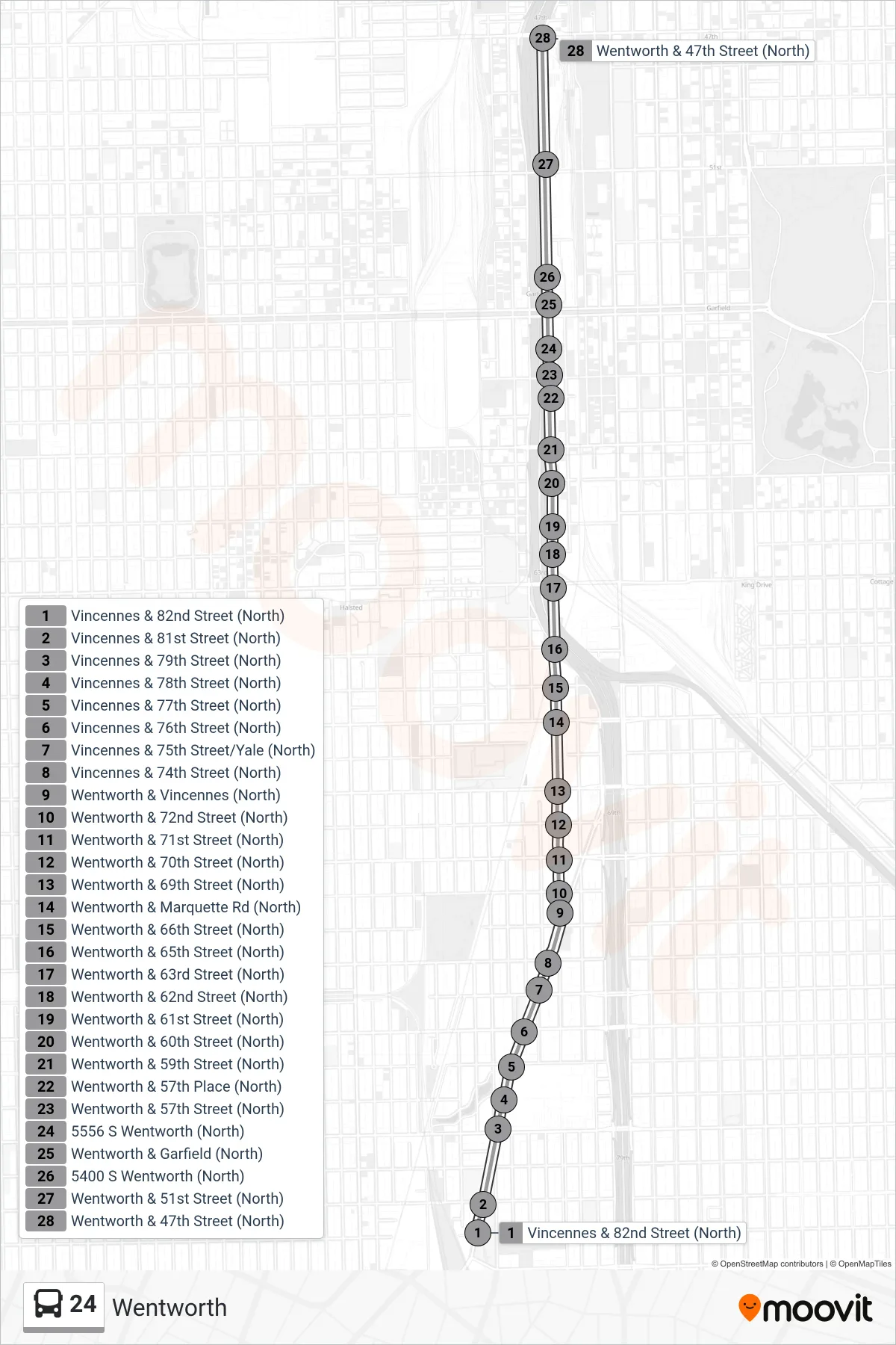 24 bus Line (Wentworth & 47th Street (North)) route and stops on a map