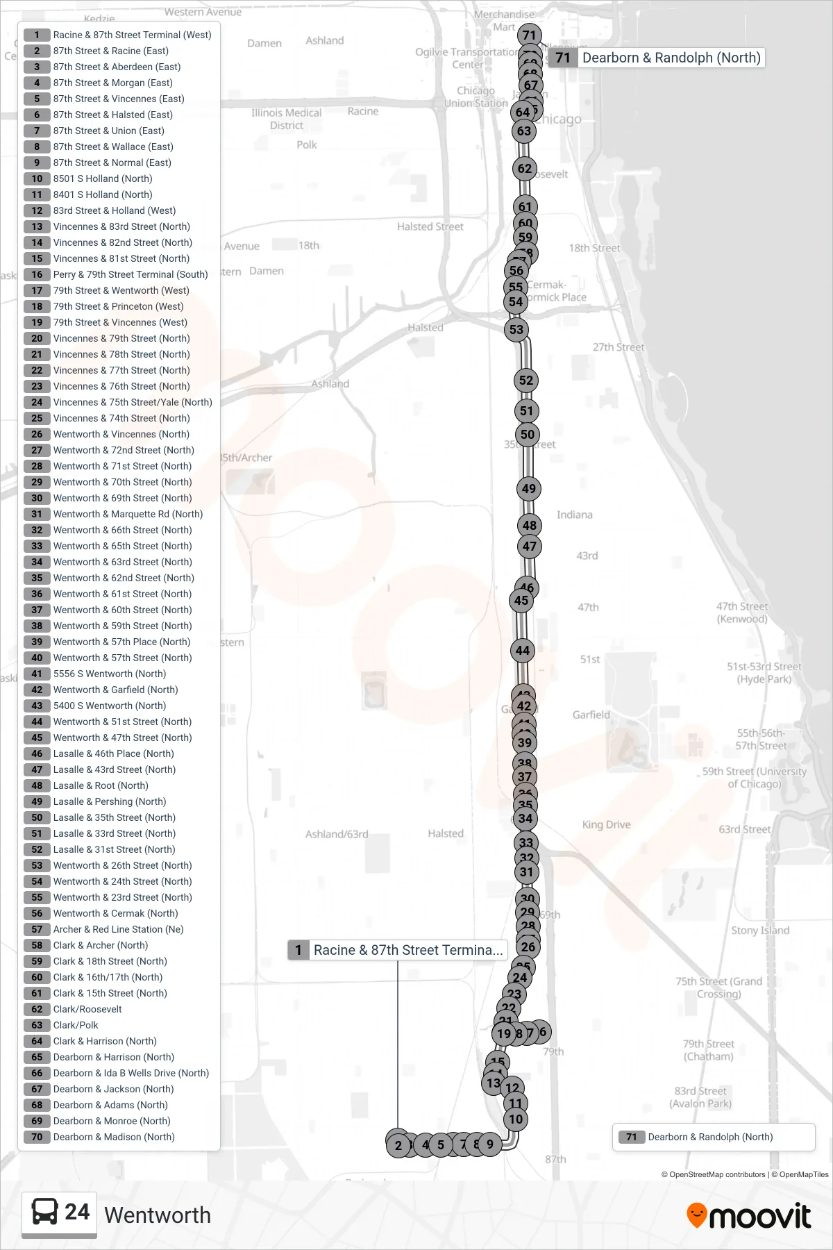 24 bus Line (Dearborn & Randolph (North)) route and stops on a map