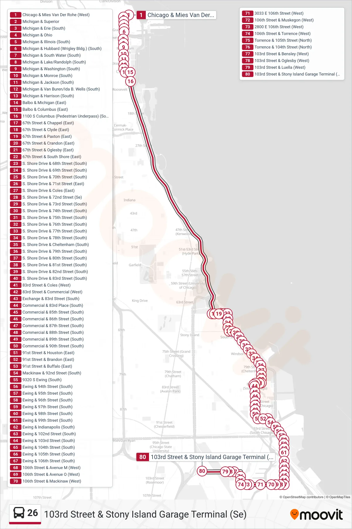 26 bus Line (103rd Street & Stony Island Garage Terminal (Se)) route and stops on a map